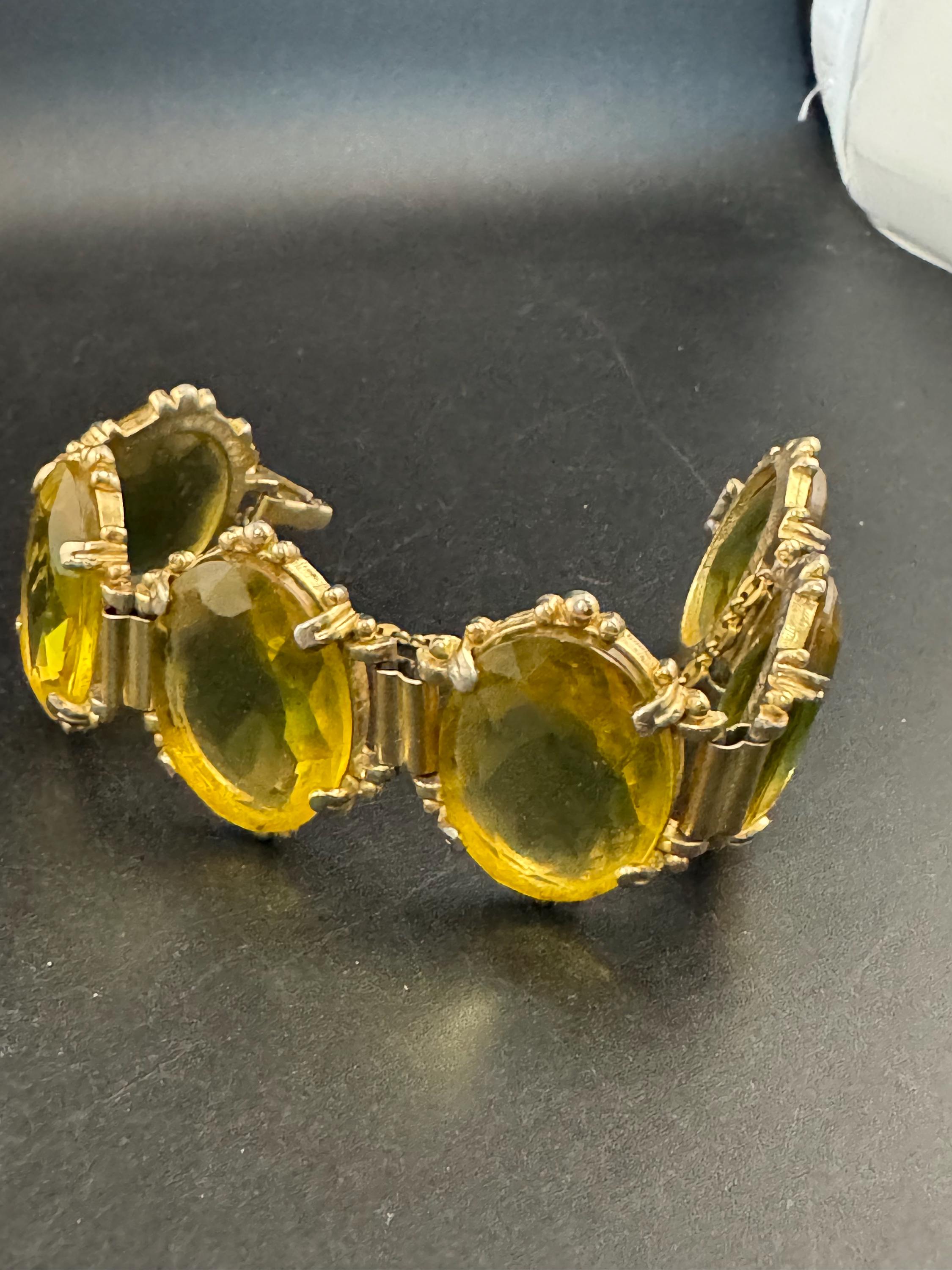 Vintage oversized amber yellow Glass Cabochon cocktail bracelet