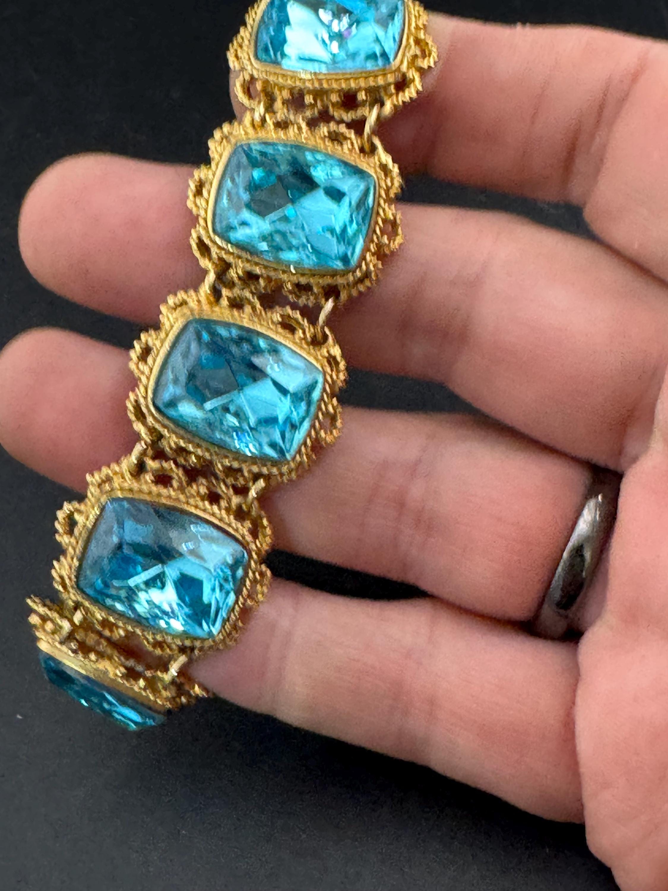 Vintage gold and turquoise diamanté wide flat bracelet, octagon stones