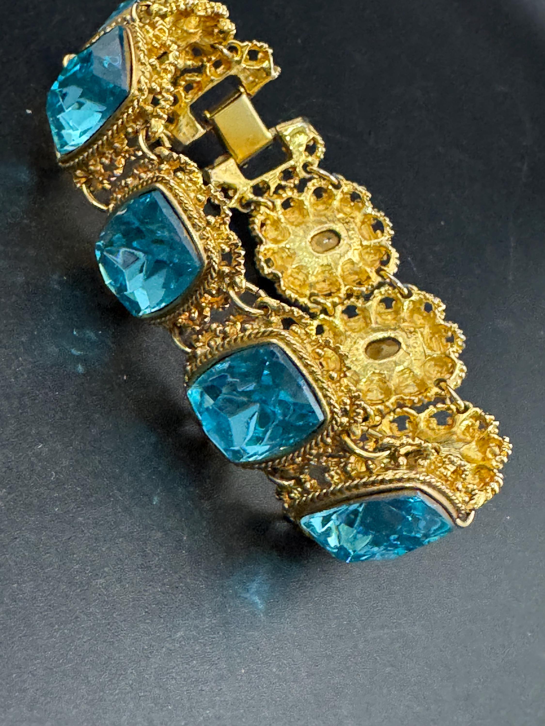 Vintage gold and turquoise diamanté wide flat bracelet, octagon stones