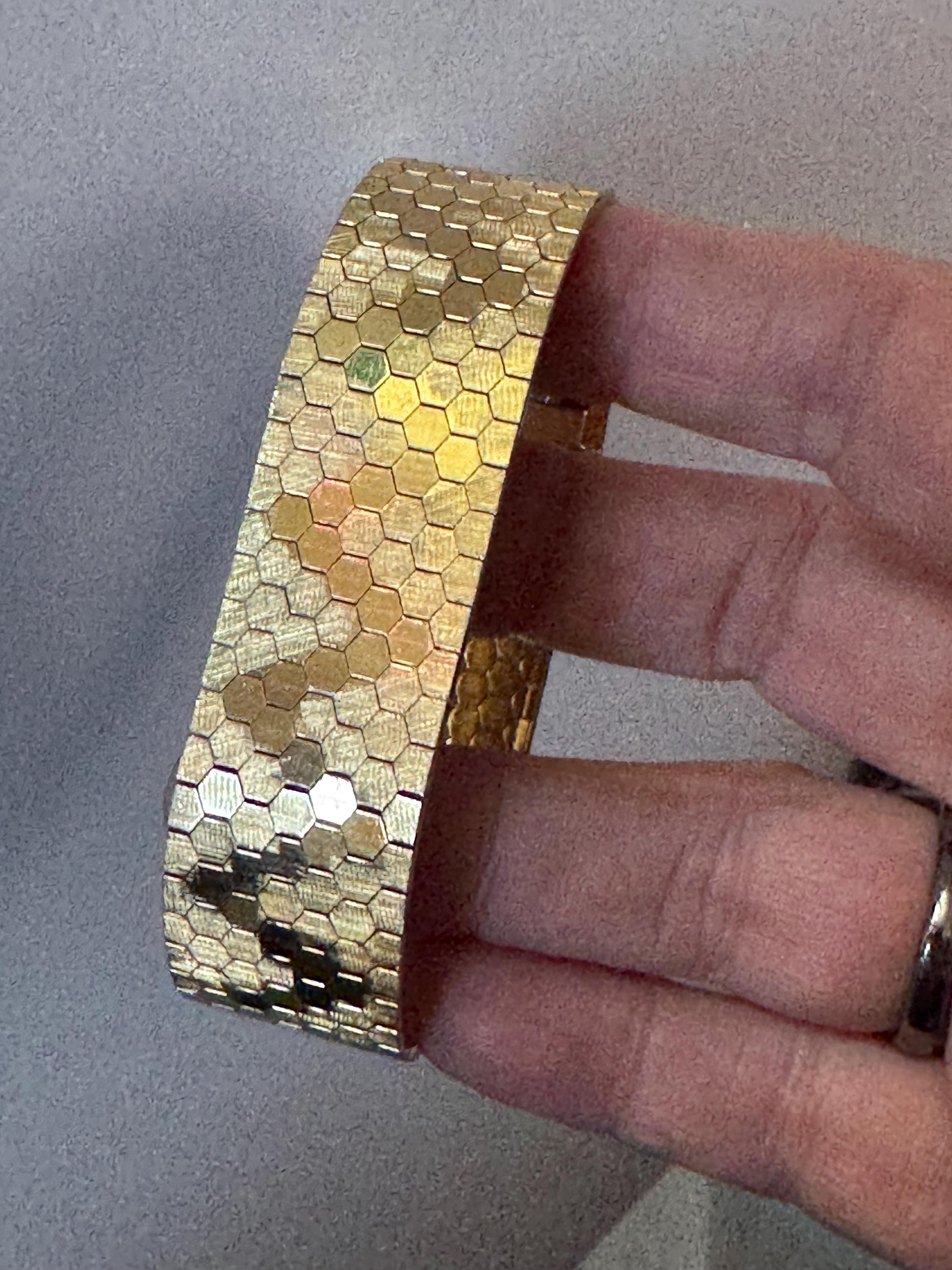 1970s 18k GP flat wide articulated cuff bracelet, Italian gold plated