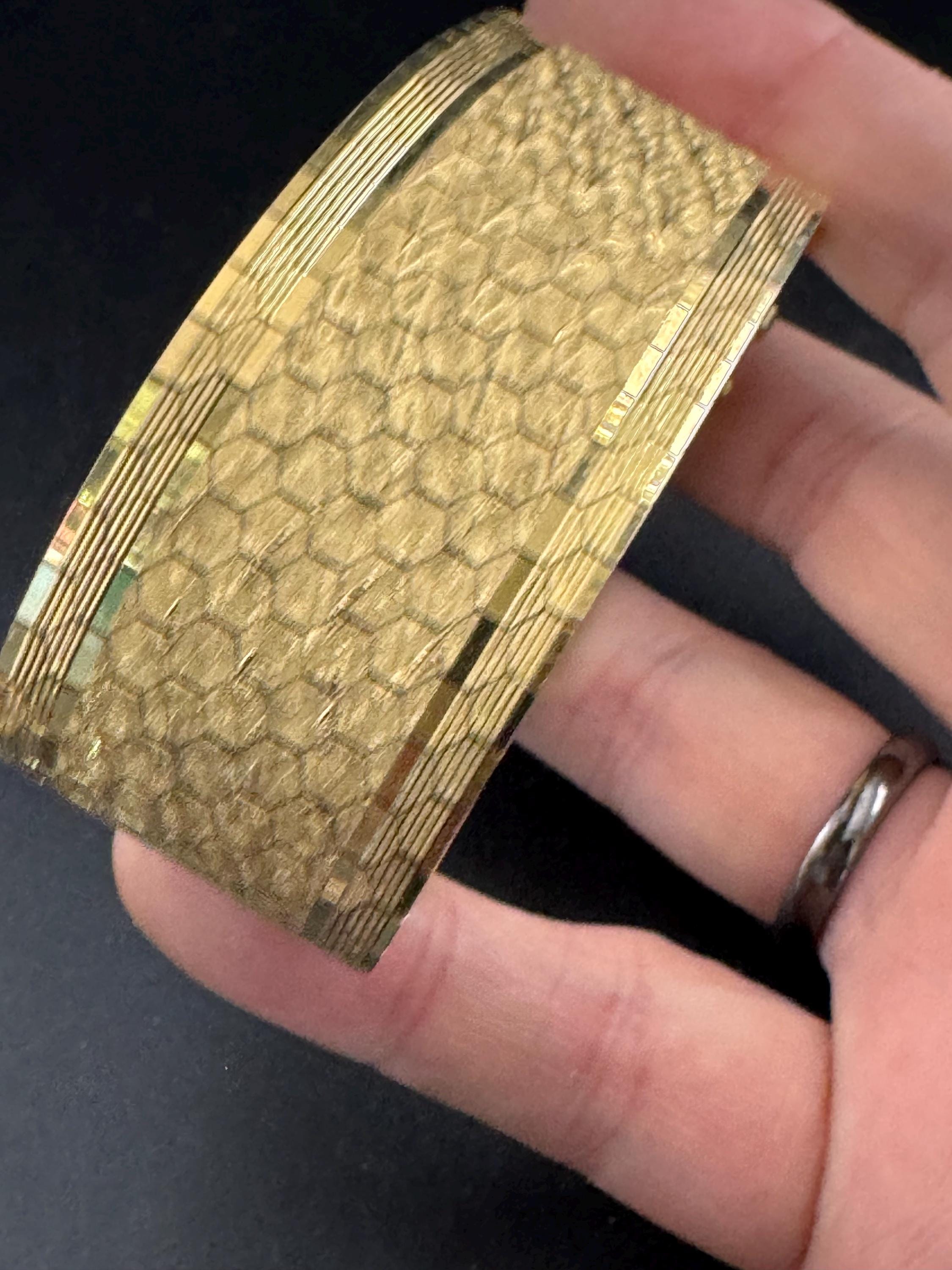 1970s 18k GP flat 2.6cm wide articulated cuff bracelet, Italian gold plated