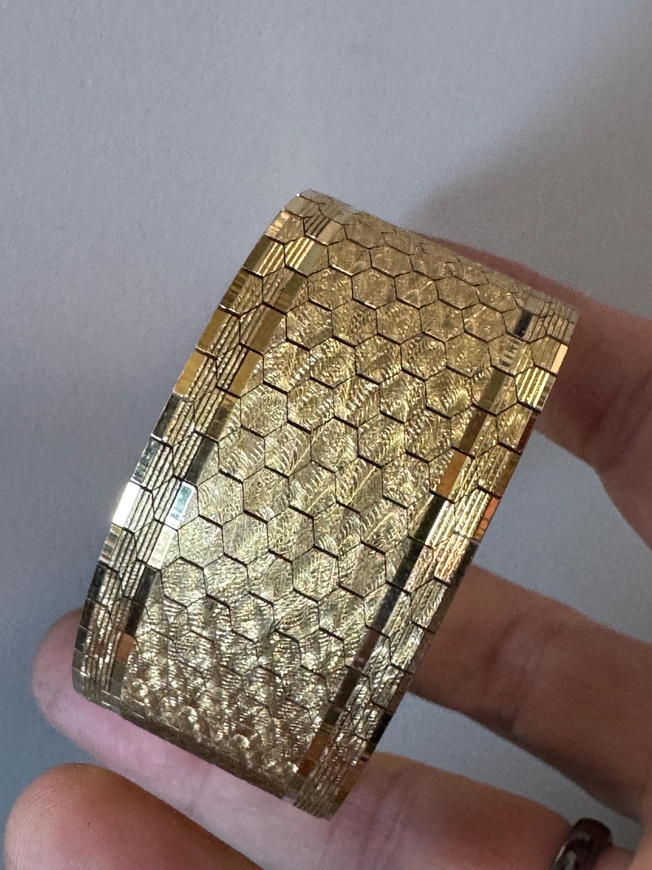 1970s 18k GP flat 2.6cm wide articulated cuff bracelet, Italian gold plated