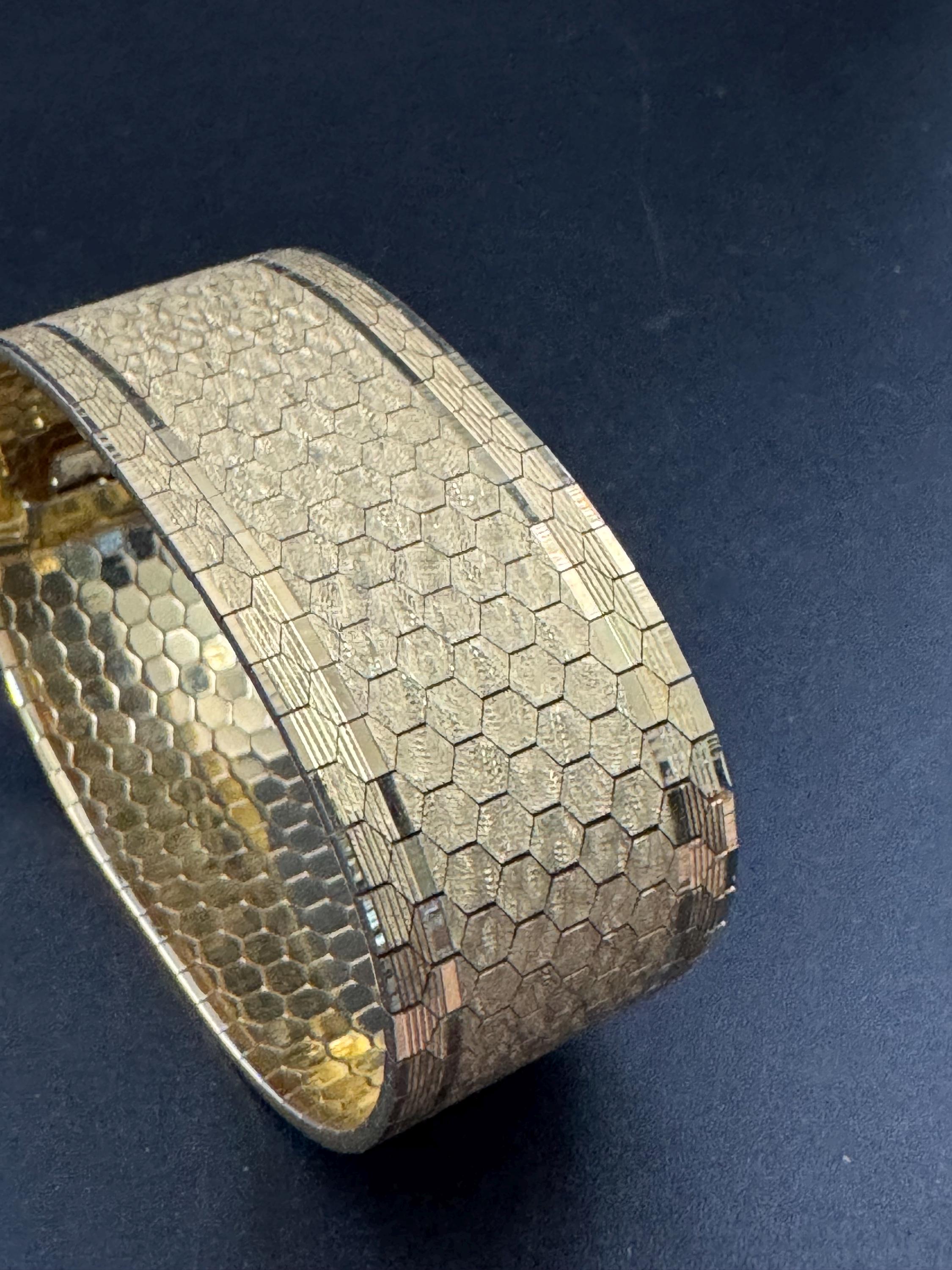 1970s 18k GP flat 2.6cm wide articulated cuff bracelet, Italian gold plated