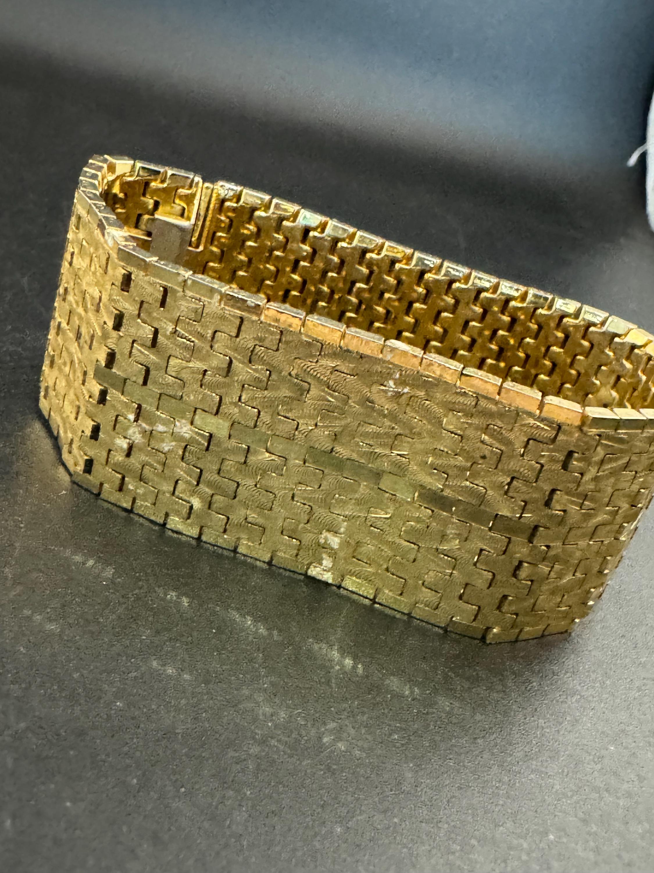 1970s 18k GP flat 3cm wide articulated cuff bracelet, Italian gold plated