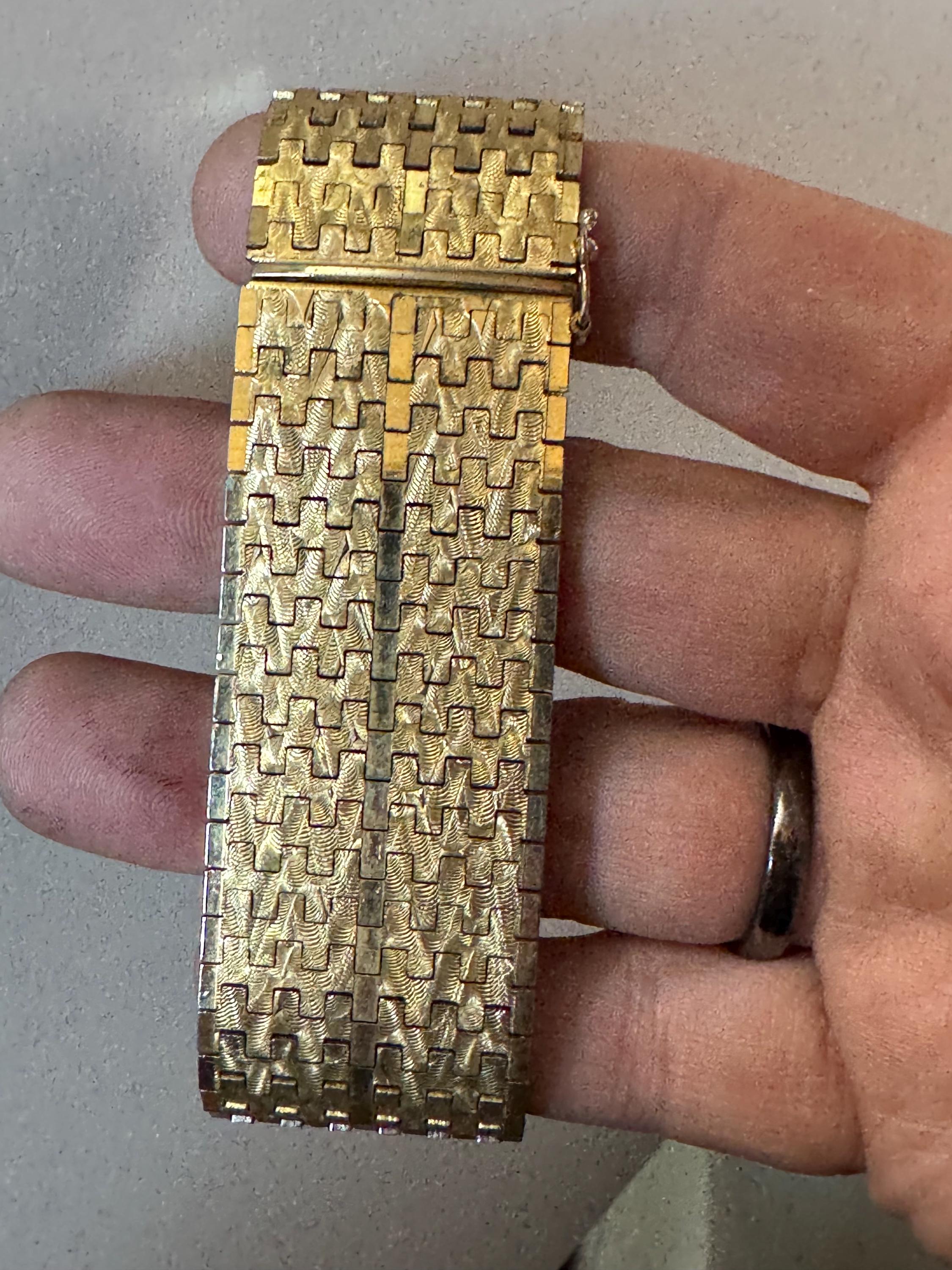 1970s 18k GP flat 3cm wide articulated cuff bracelet, Italian gold plated