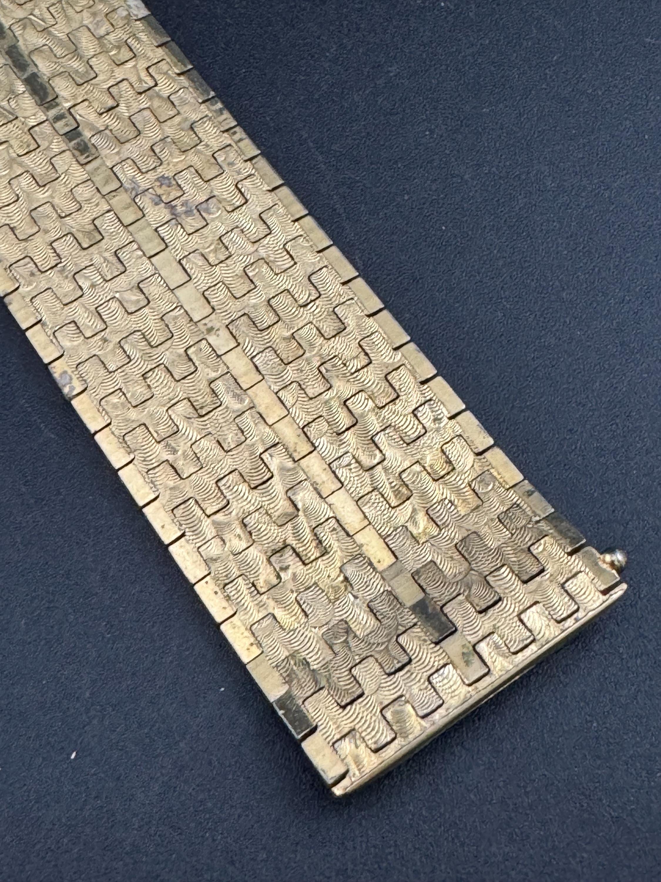 1970s 18k GP flat 3cm wide articulated cuff bracelet, Italian gold plated