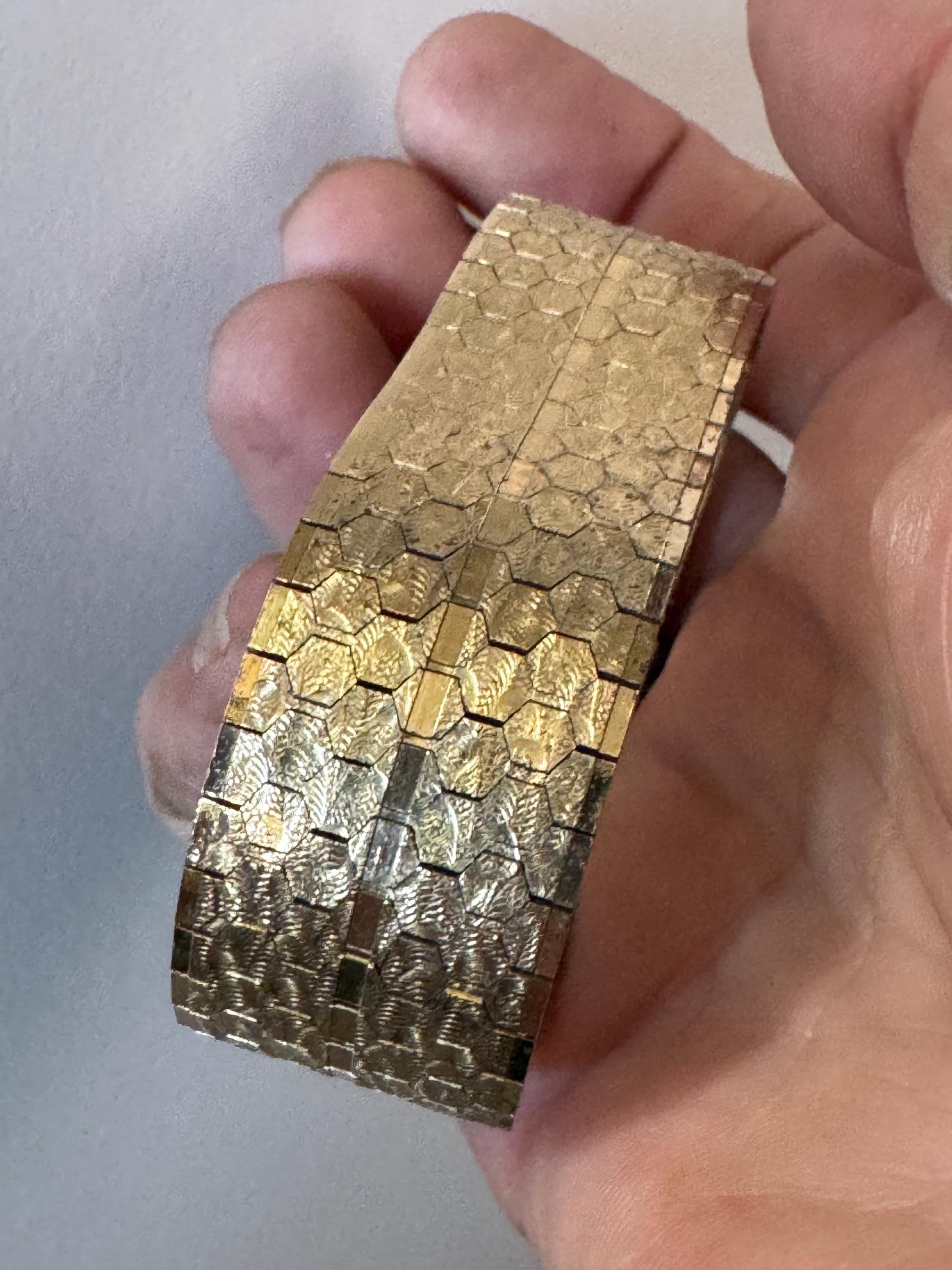 1970s 18k GP flat 22mm wide articulated cuff bracelet, Italian gold plated