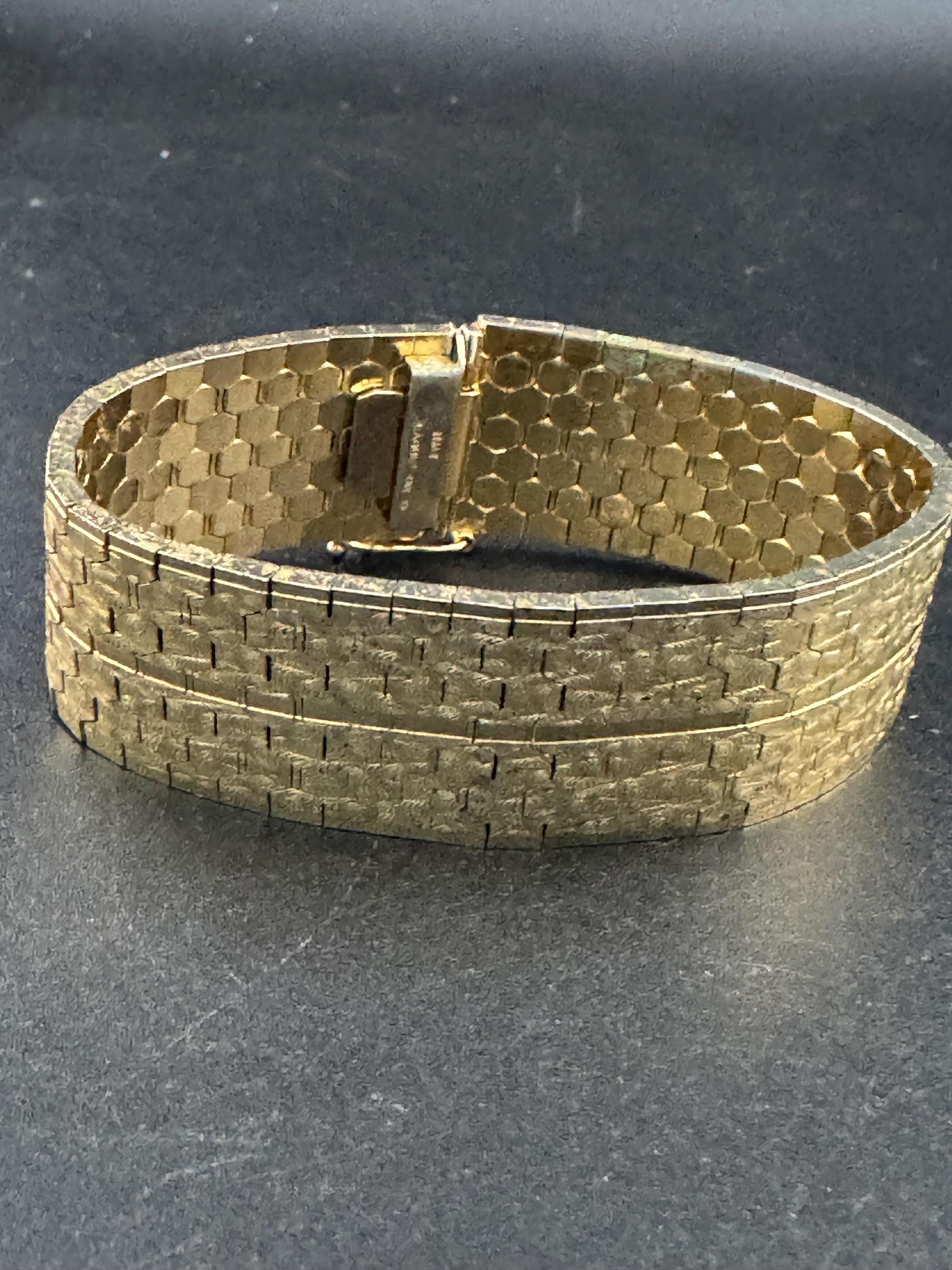1970s 18k GP flat 22mm wide articulated cuff bracelet, Italian gold plated