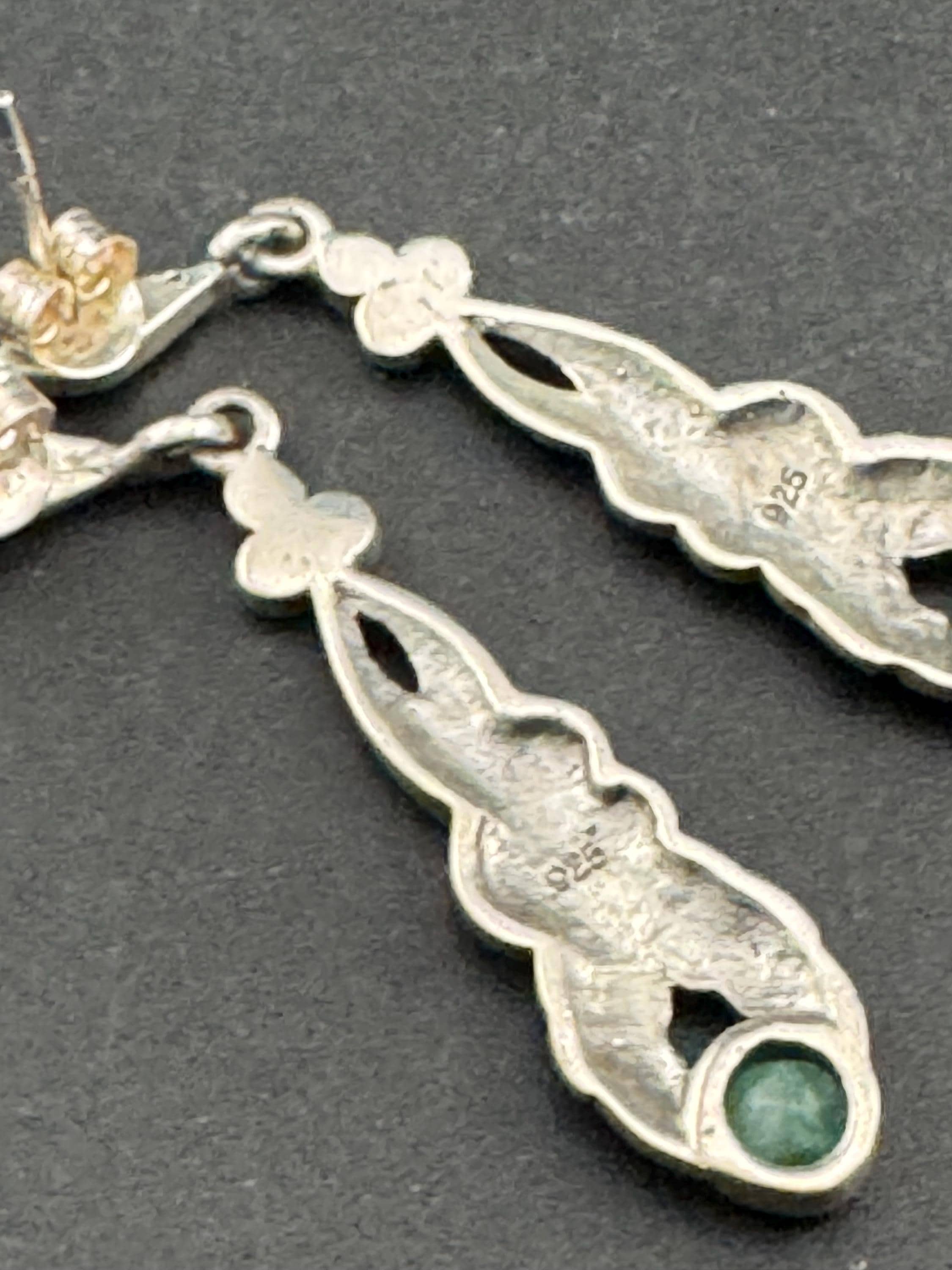 925 Marcasite green gemstone pierced drop Earrings , sterling silver 5cm 7.1 gram