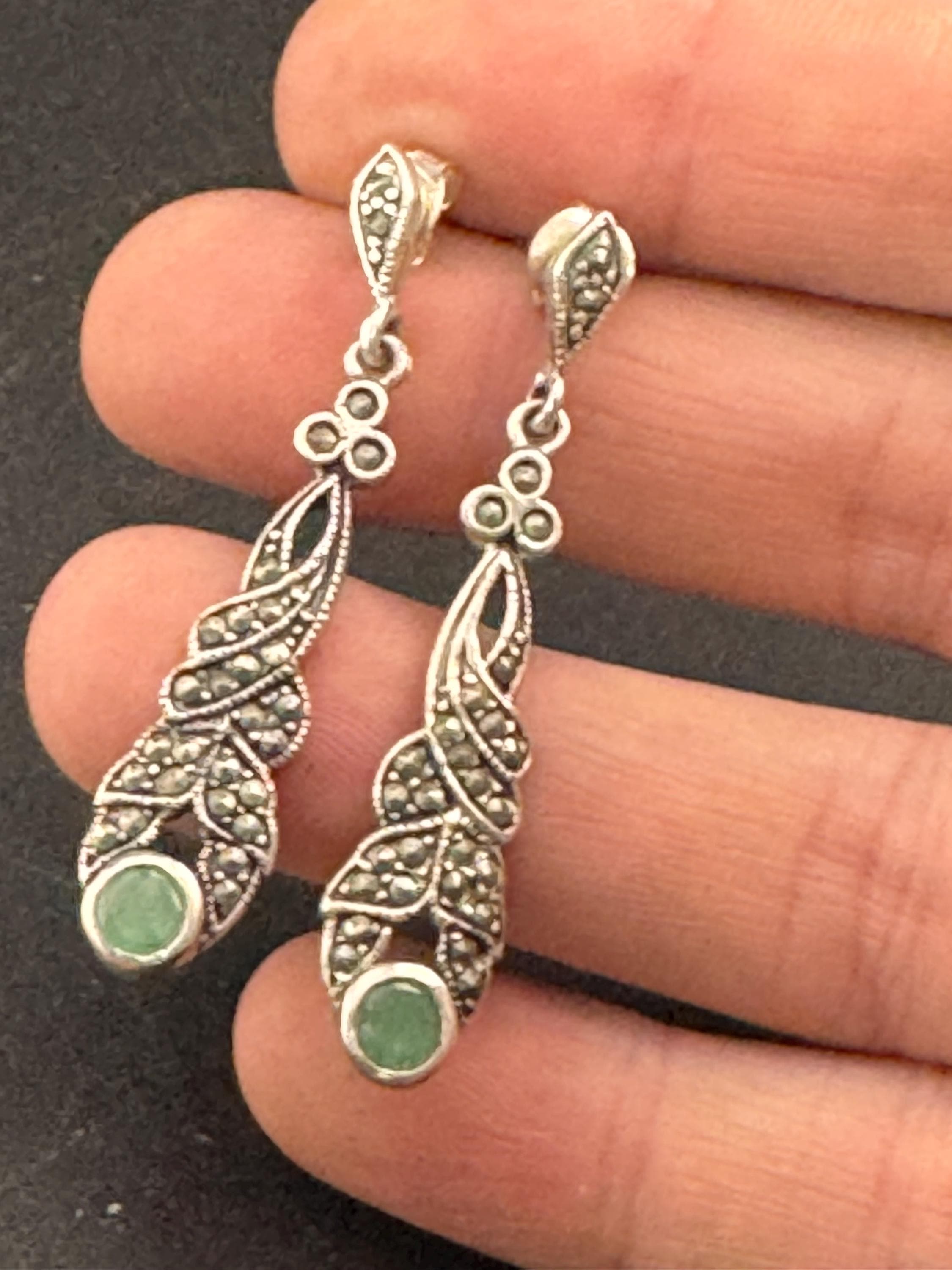 925 Marcasite green gemstone pierced drop Earrings , sterling silver 5cm 7.1 gram