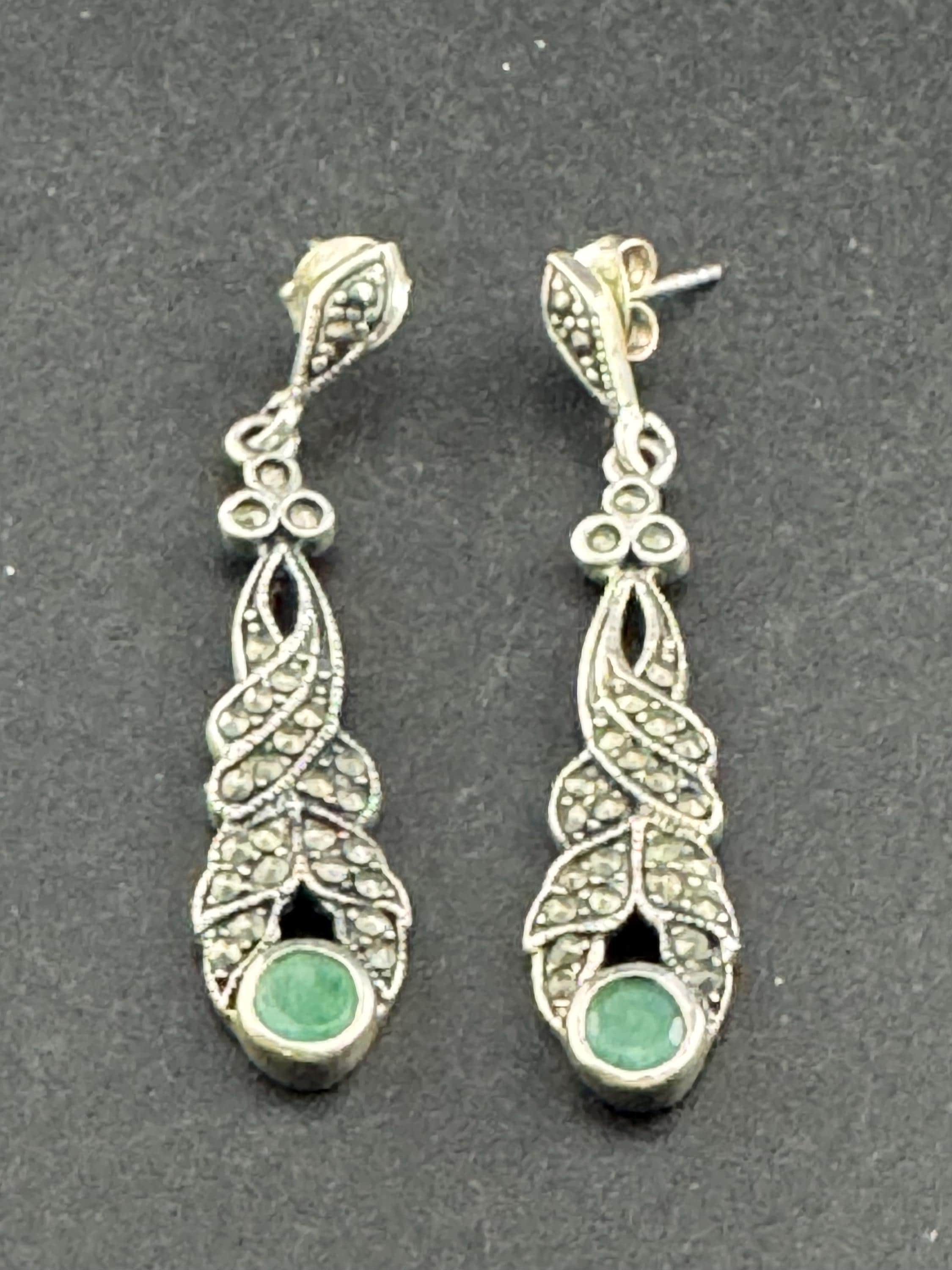 925 Marcasite green gemstone pierced drop Earrings , sterling silver 5cm 7.1 gram