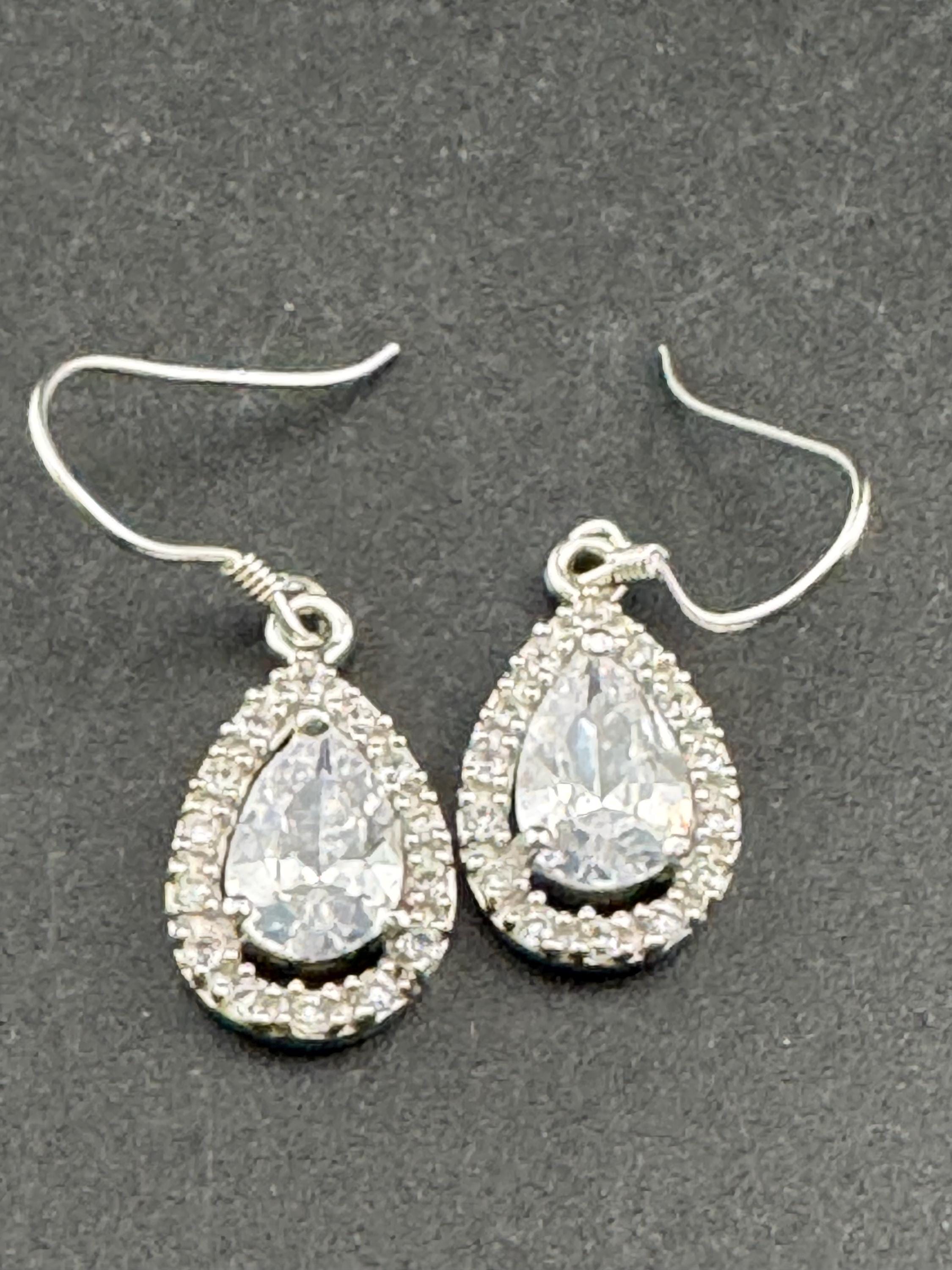 925 pierced drop Earrings, sterling silver set with clear diamanté gem stones