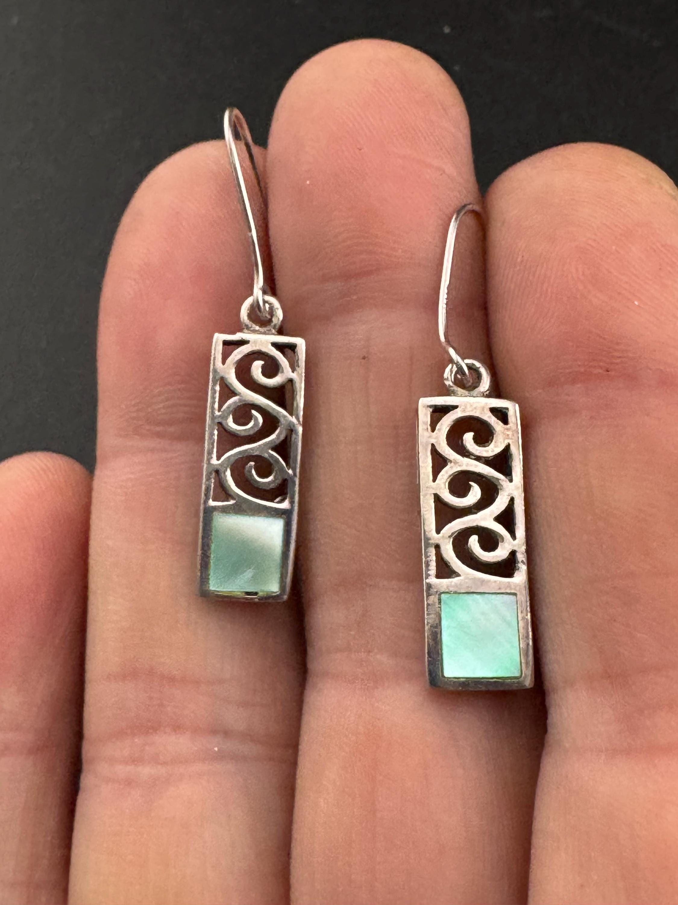 Vintage 925 rectangular drop Earrings with blue pearl , Art nouveau openwork