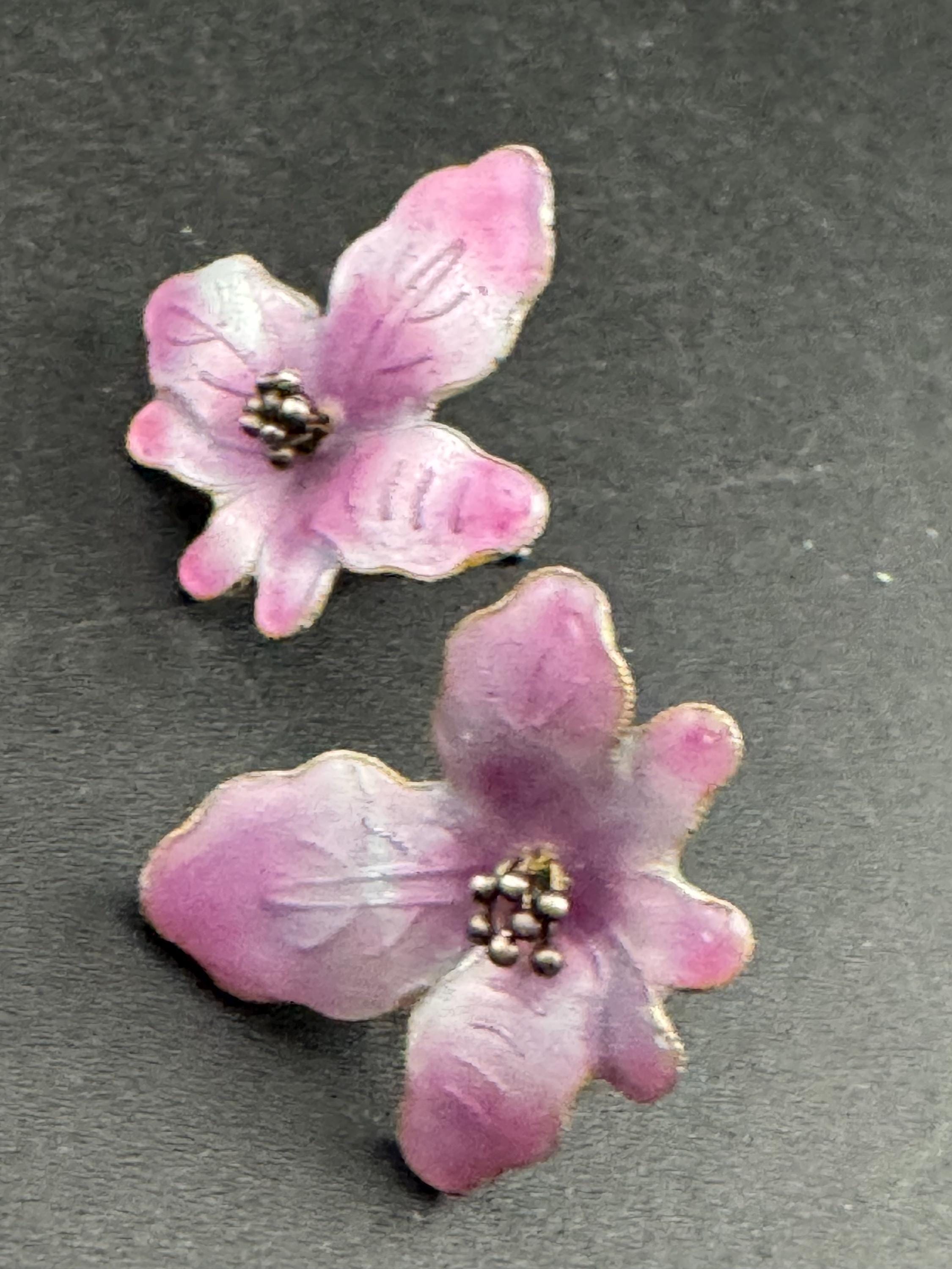 Purple lilac enamel 925 Sterling silver floral earrings