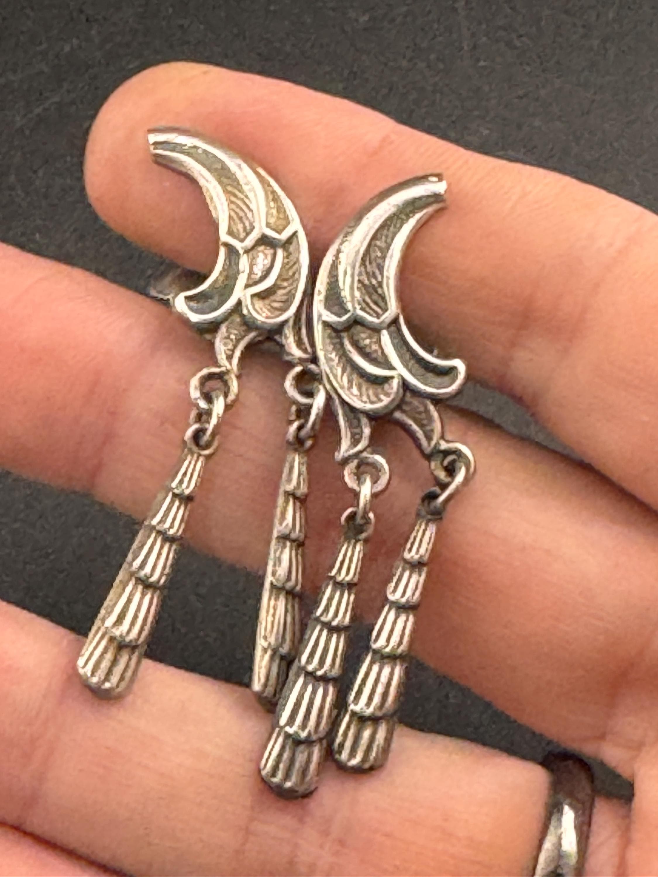 Vintage 925 modernist long dangly abstract clip on earrings, sterling silver