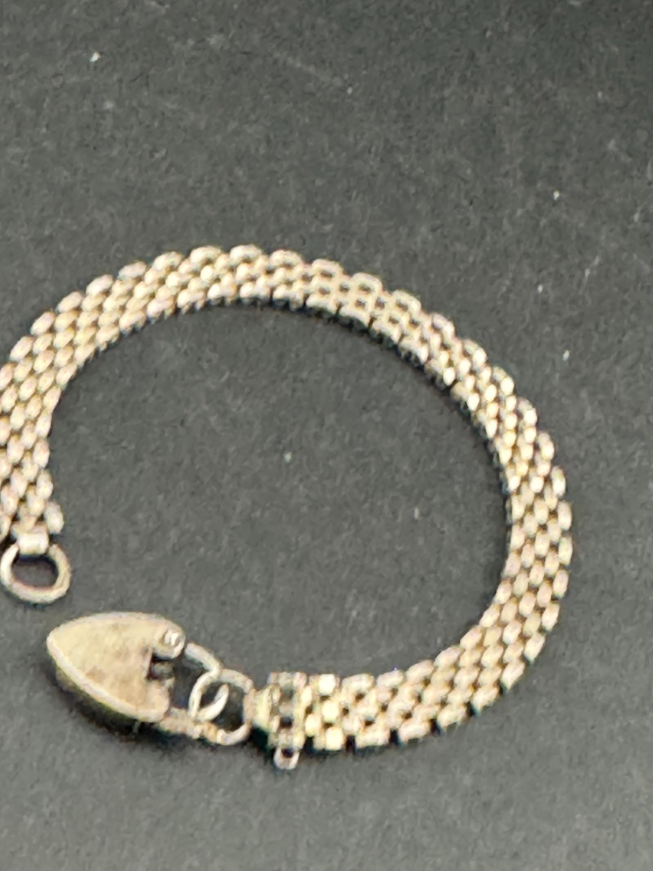 Petite wrist Vintage 925 sterling silver woven bracelet, heart padlock.