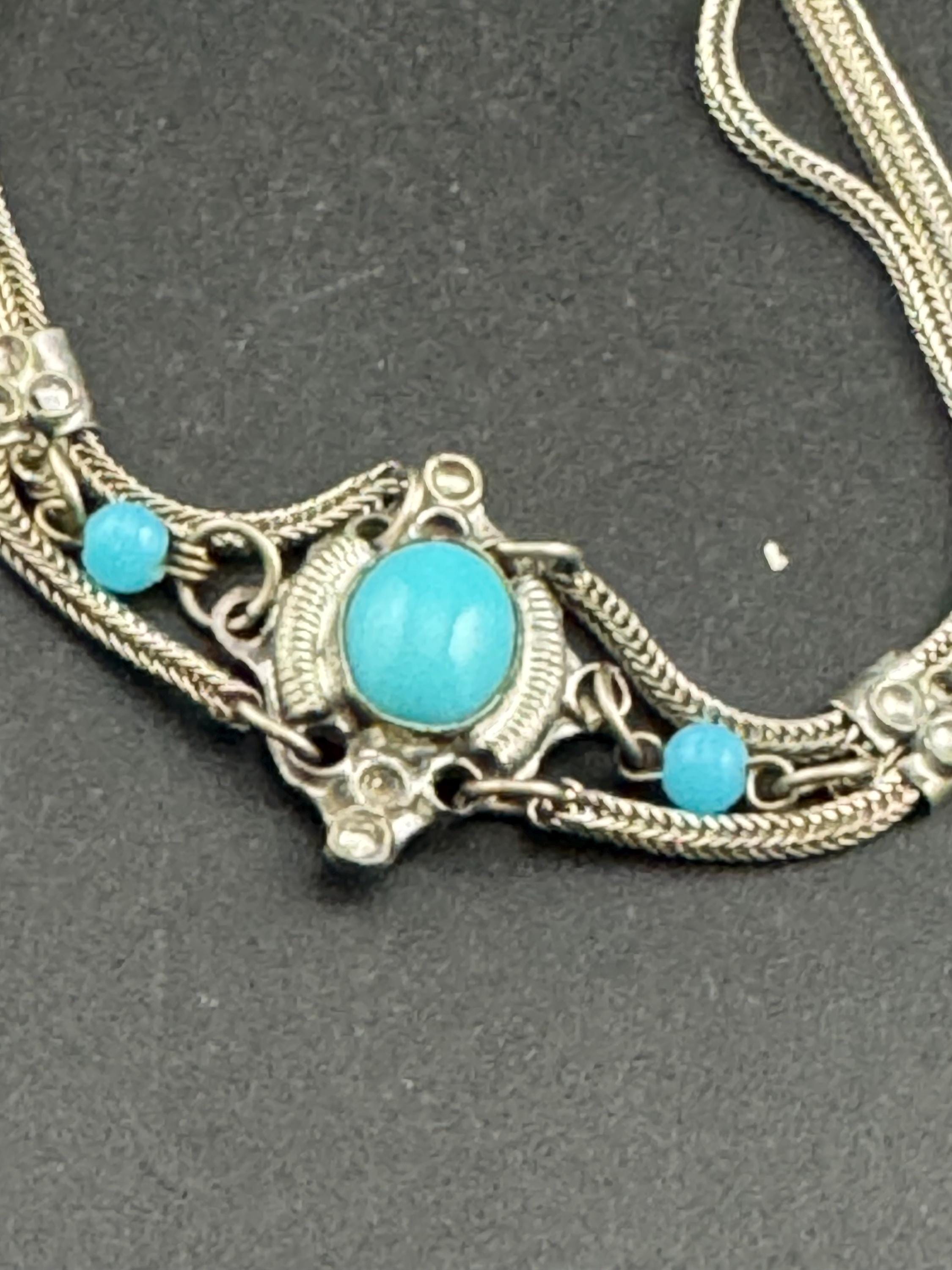 Vintage Indian 925 Silver Turquoise acrylic cabochon woven bracelet