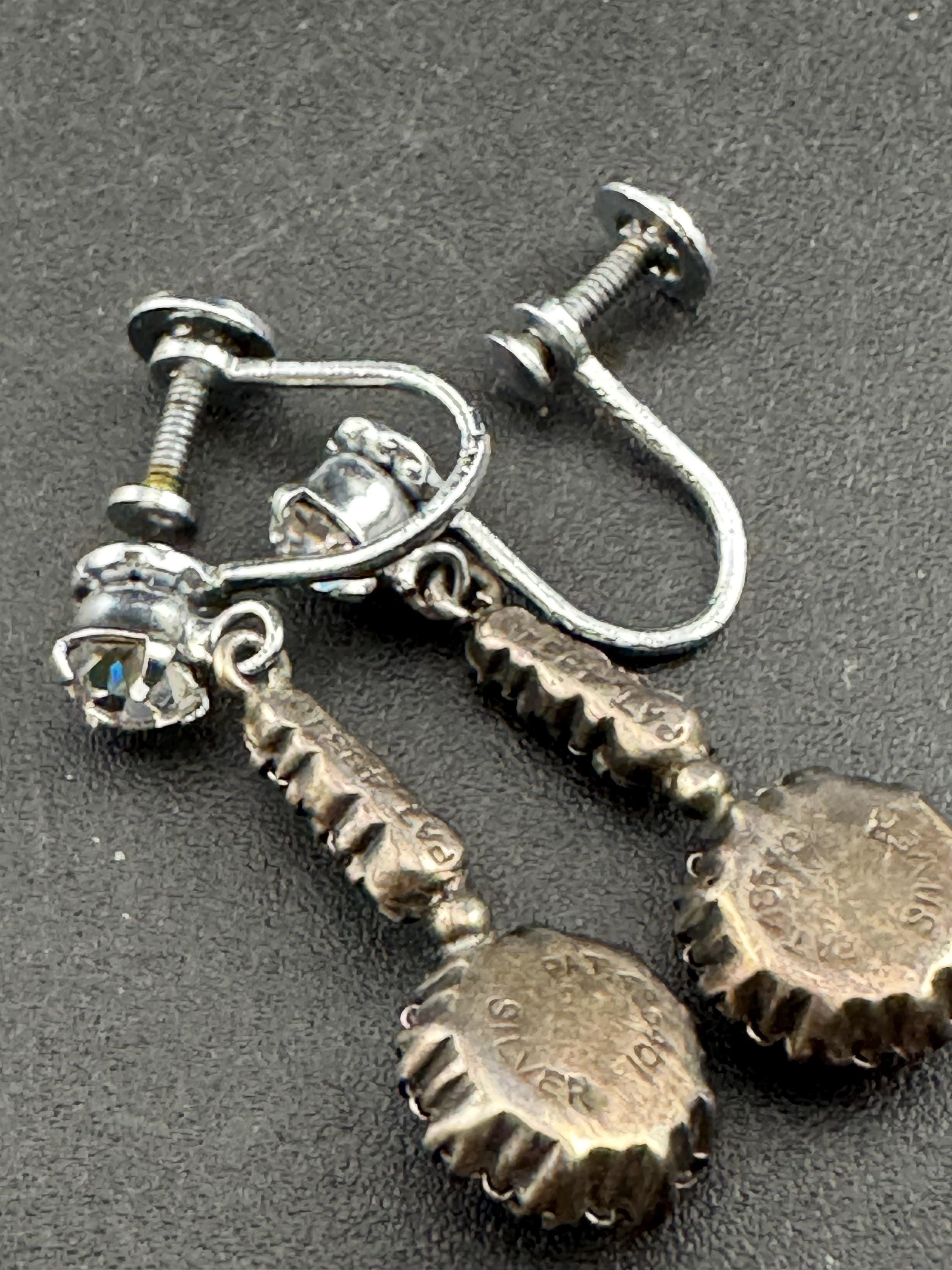 Vintage Sterling Art Deco clear paste screw back Earrings, silver clip ons