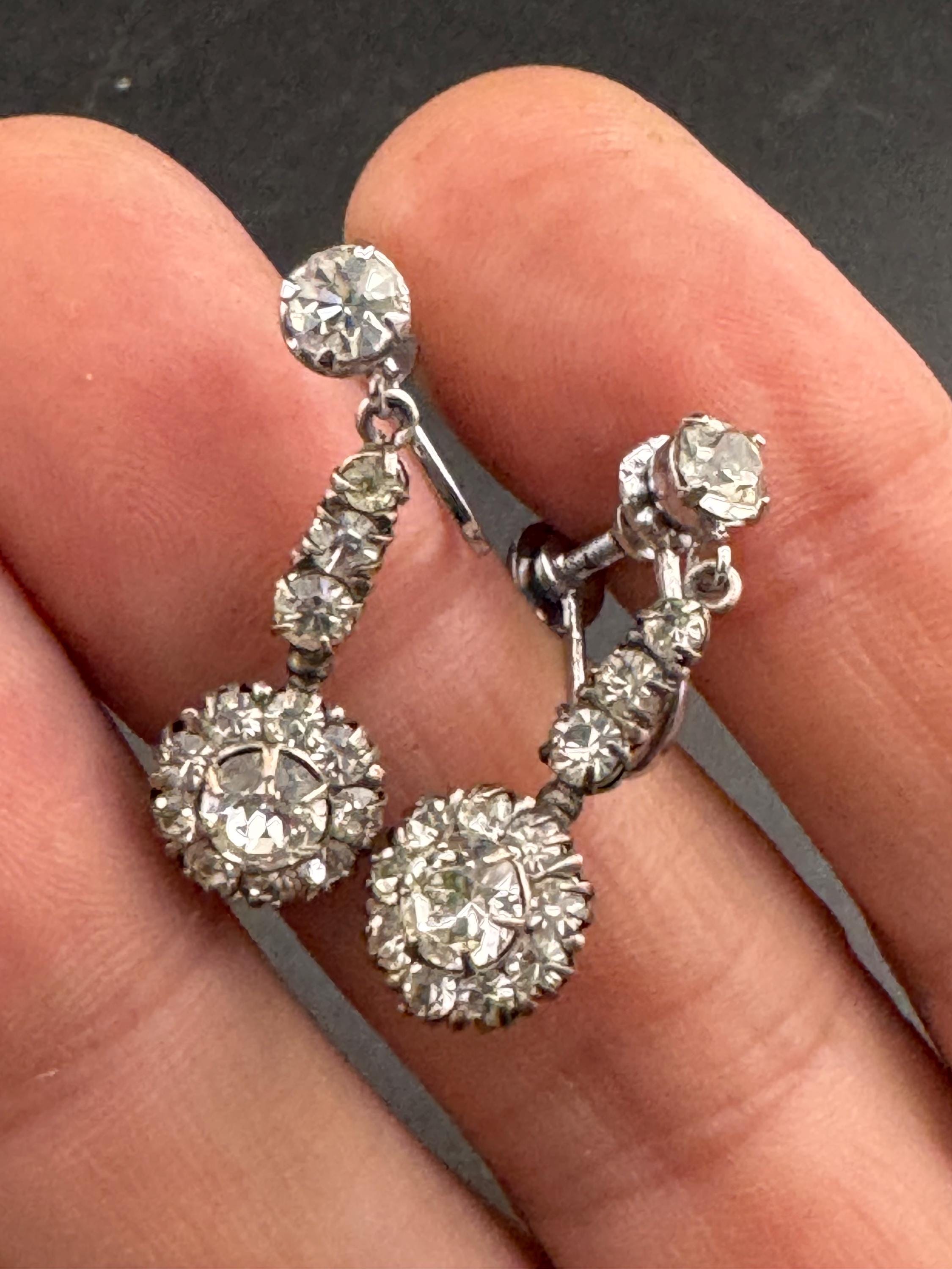 Vintage Sterling Art Deco clear paste screw back Earrings, silver clip ons