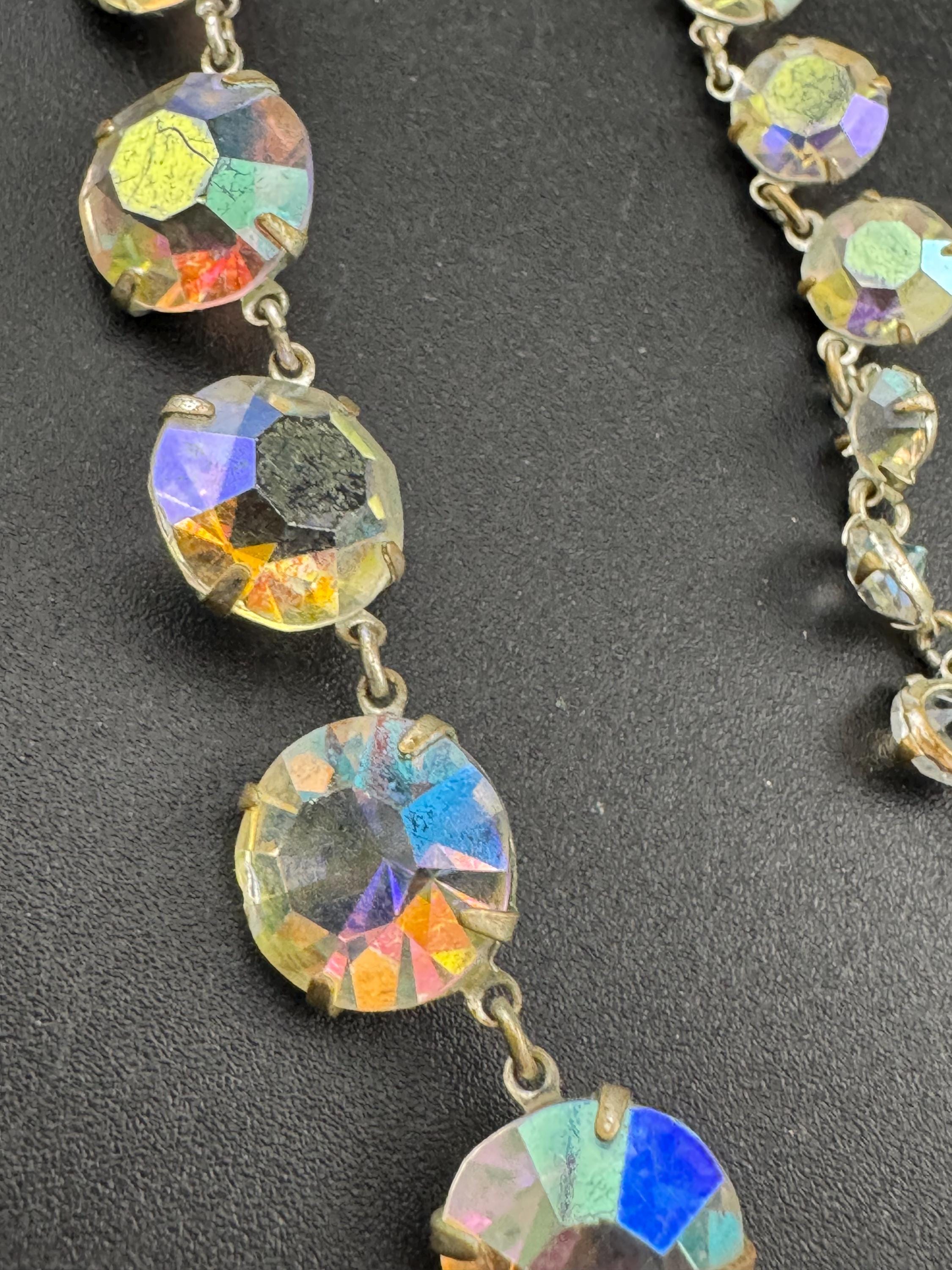 Vintage Aurora Borealis Glass Necklace: Rainbow Crystal Rivère, 1950s