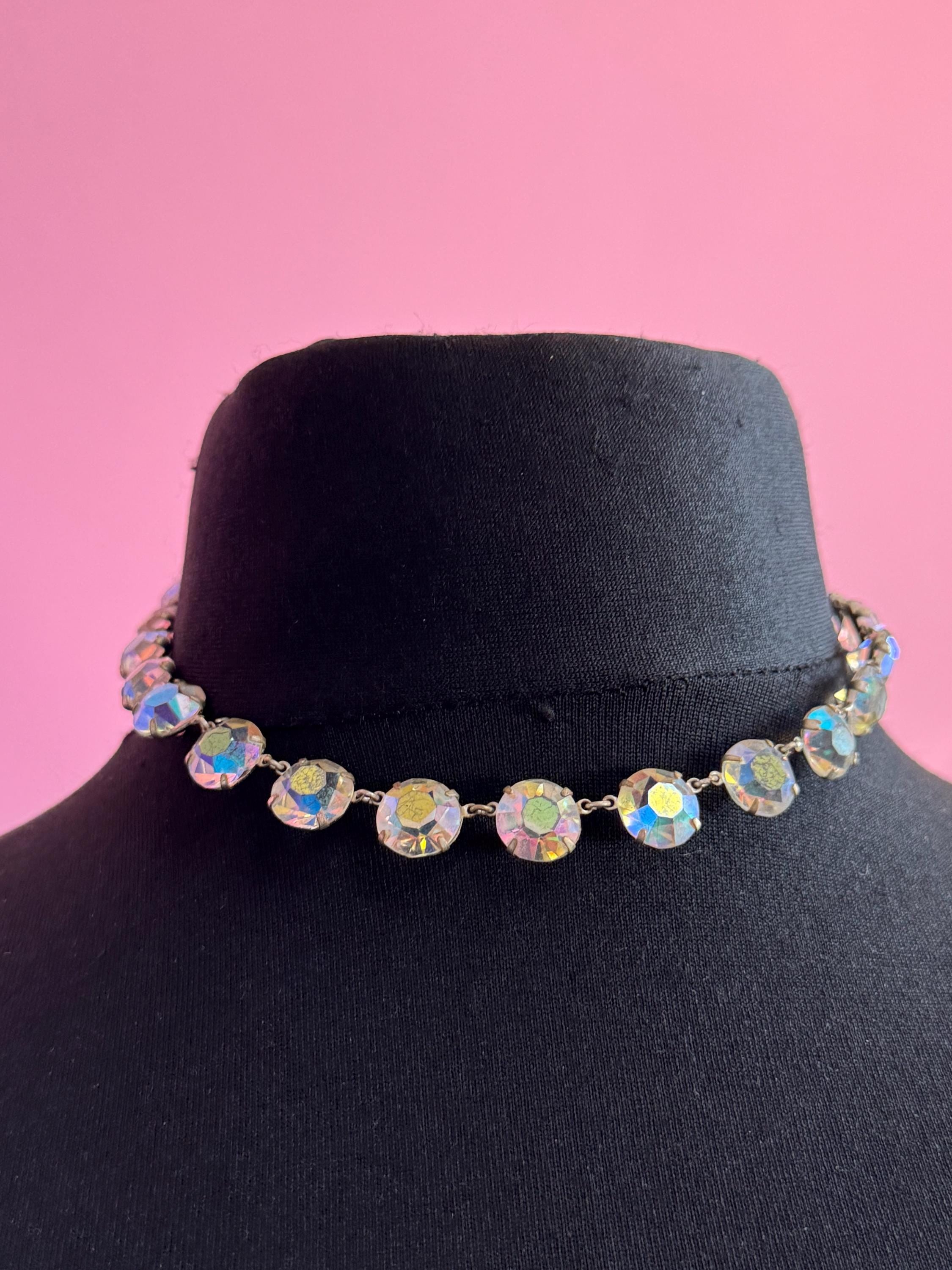 Vintage Aurora Borealis Glass Necklace: Rainbow Crystal Rivère, 1950s