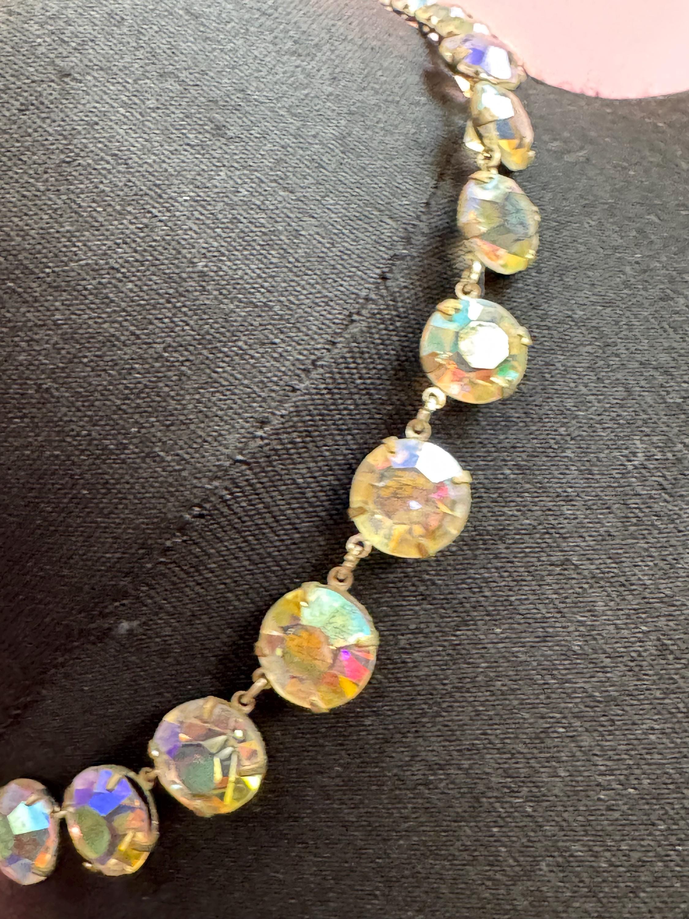 Vintage Aurora Borealis Glass Necklace: Rainbow Crystal Rivère, 1950s