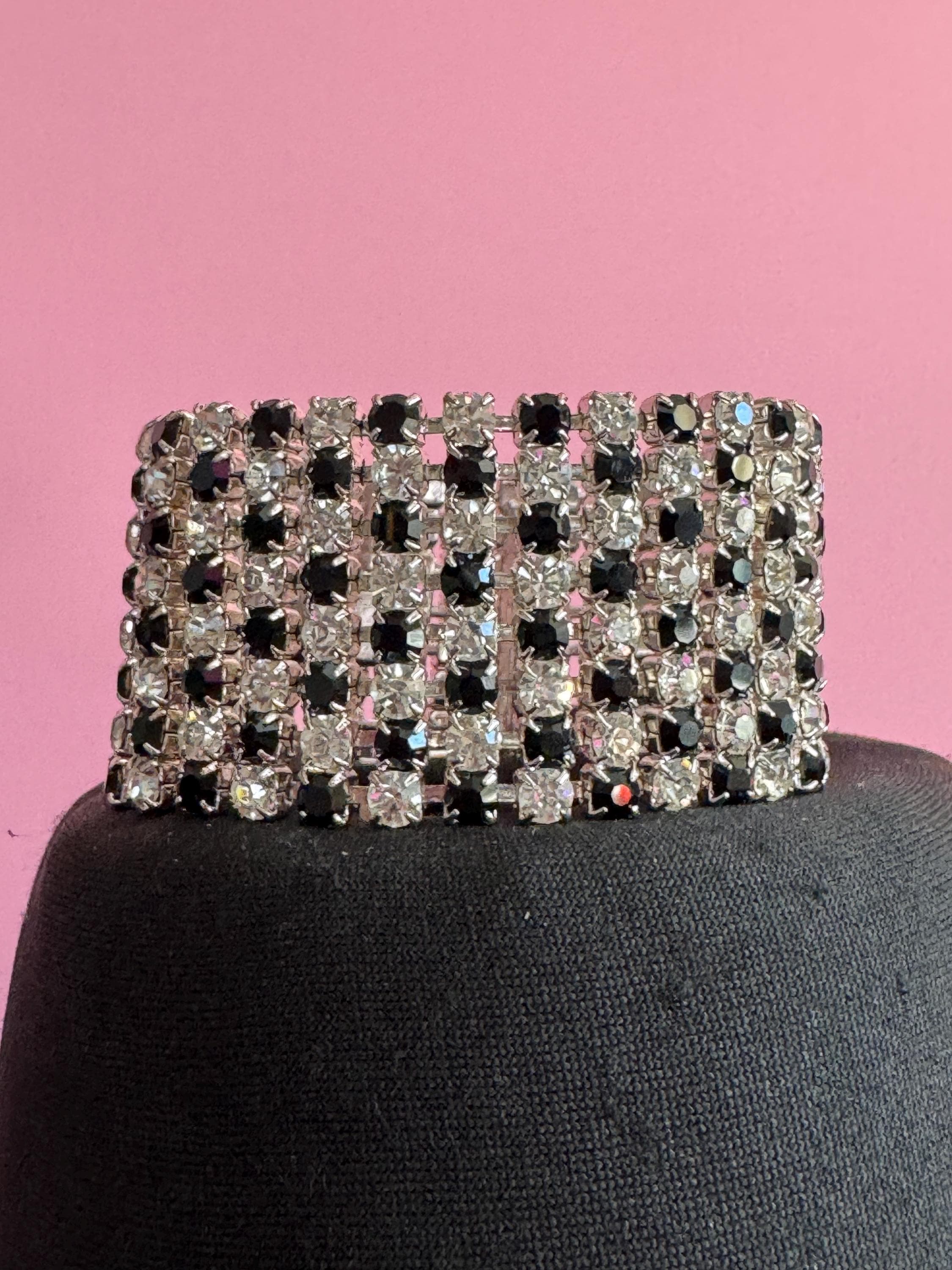 Vintage wide black and clear rhinestone bracelet, monochrome