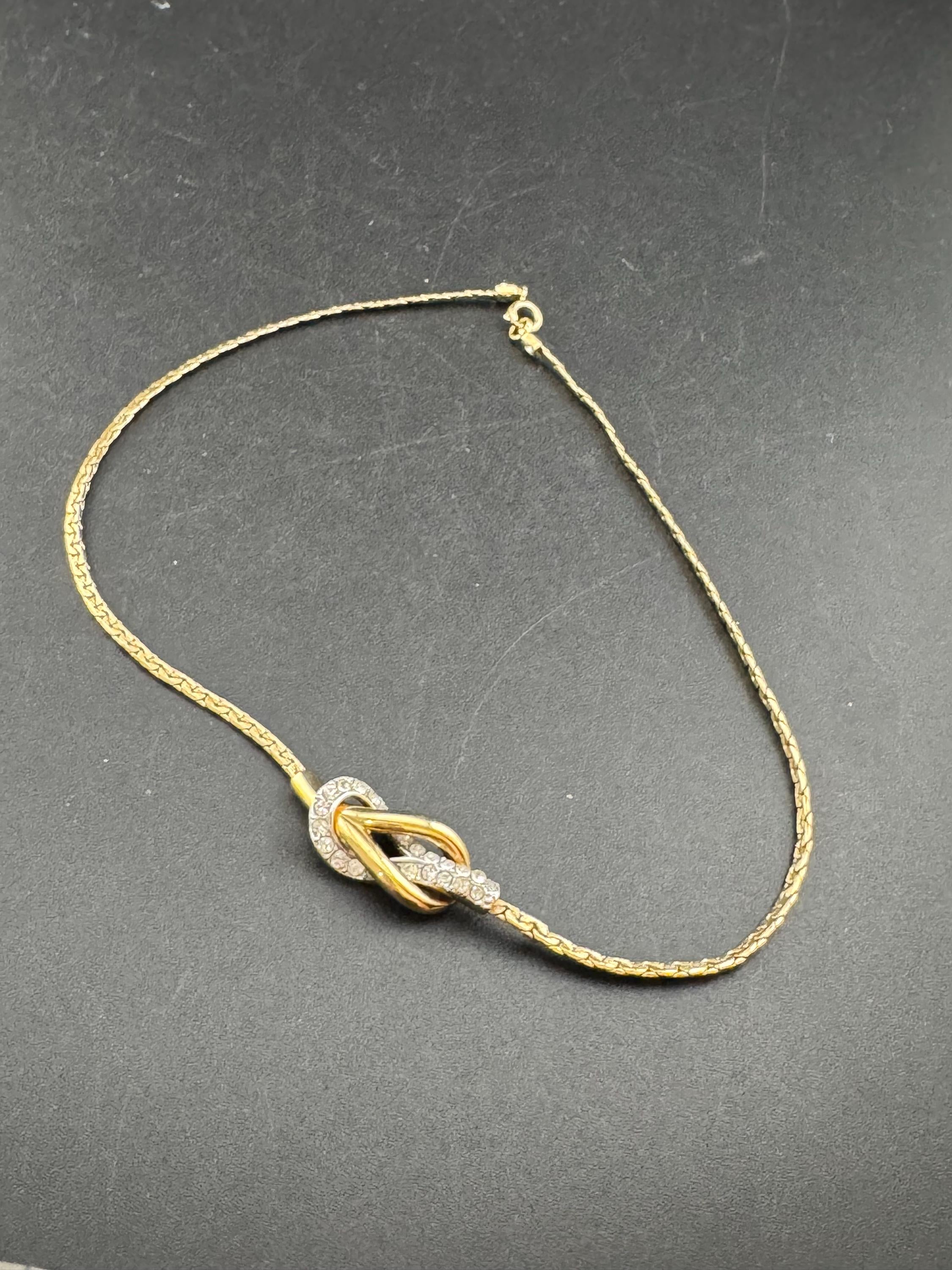 Vintage signed Swarovski crystal gold plated knot chain necklace, petite slim fit