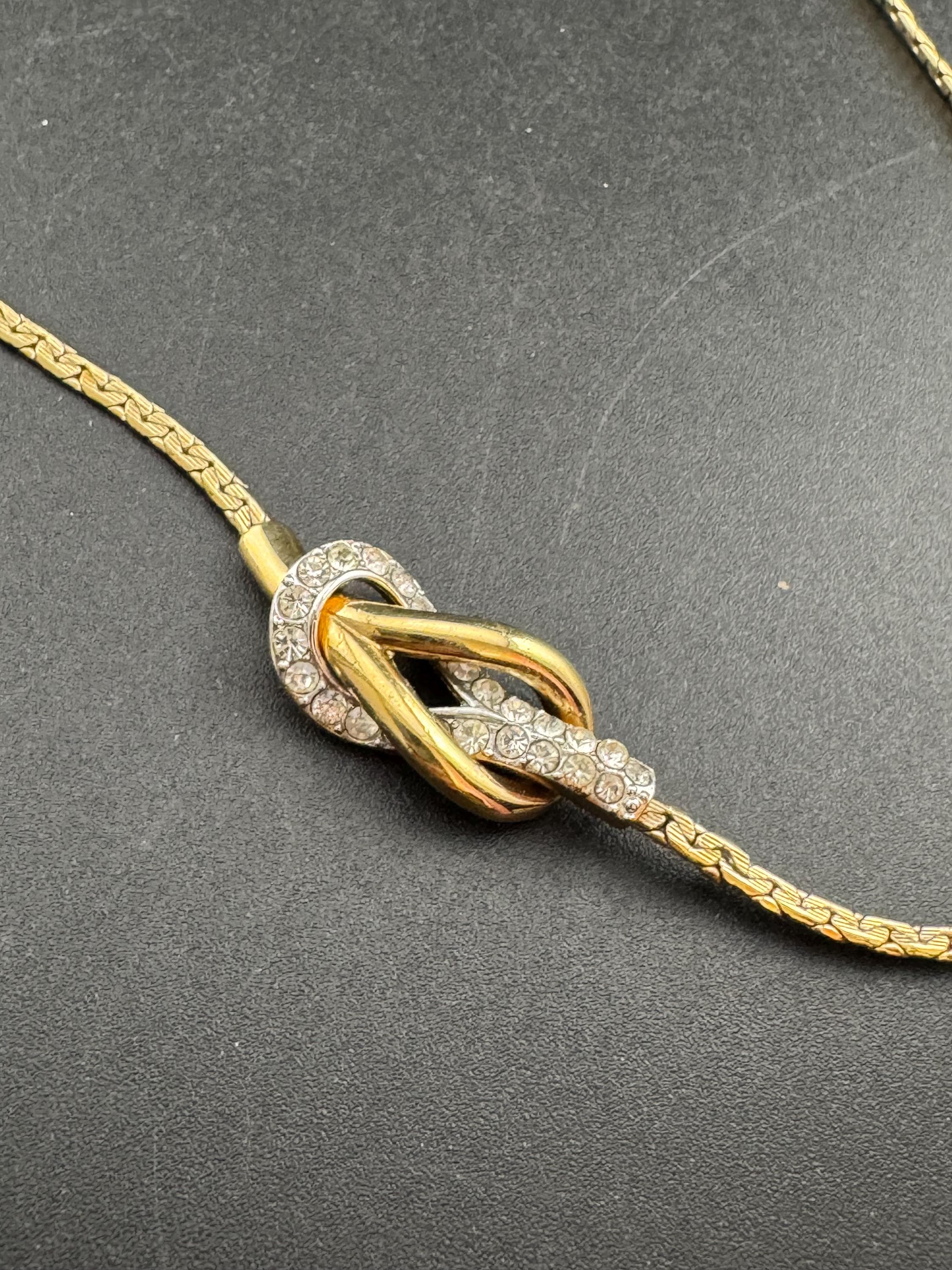 Vintage signed Swarovski crystal gold plated knot chain necklace, petite slim fit