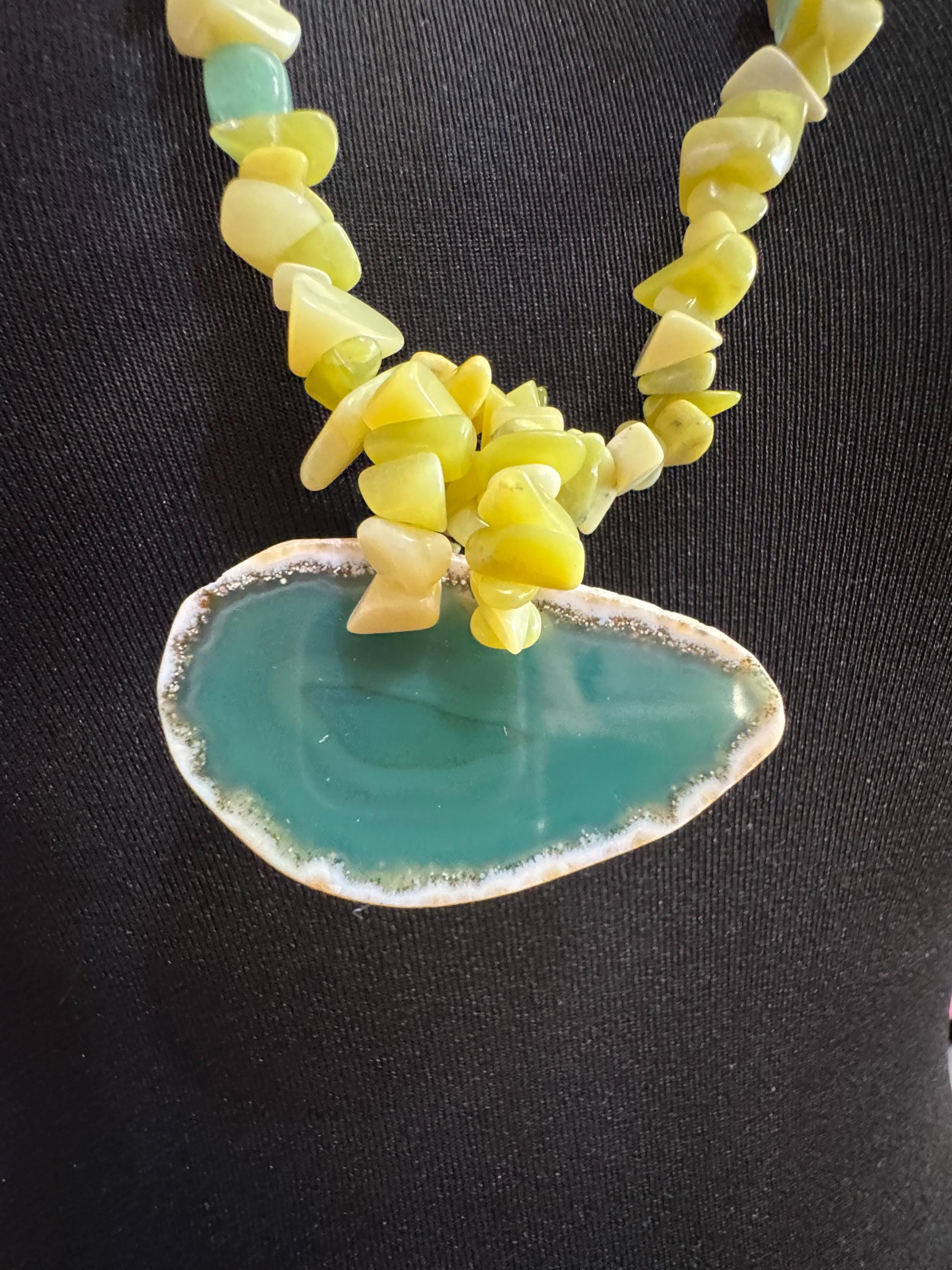 Green Agate slice long beaded gemstone Necklace: 925 Silver Clasp