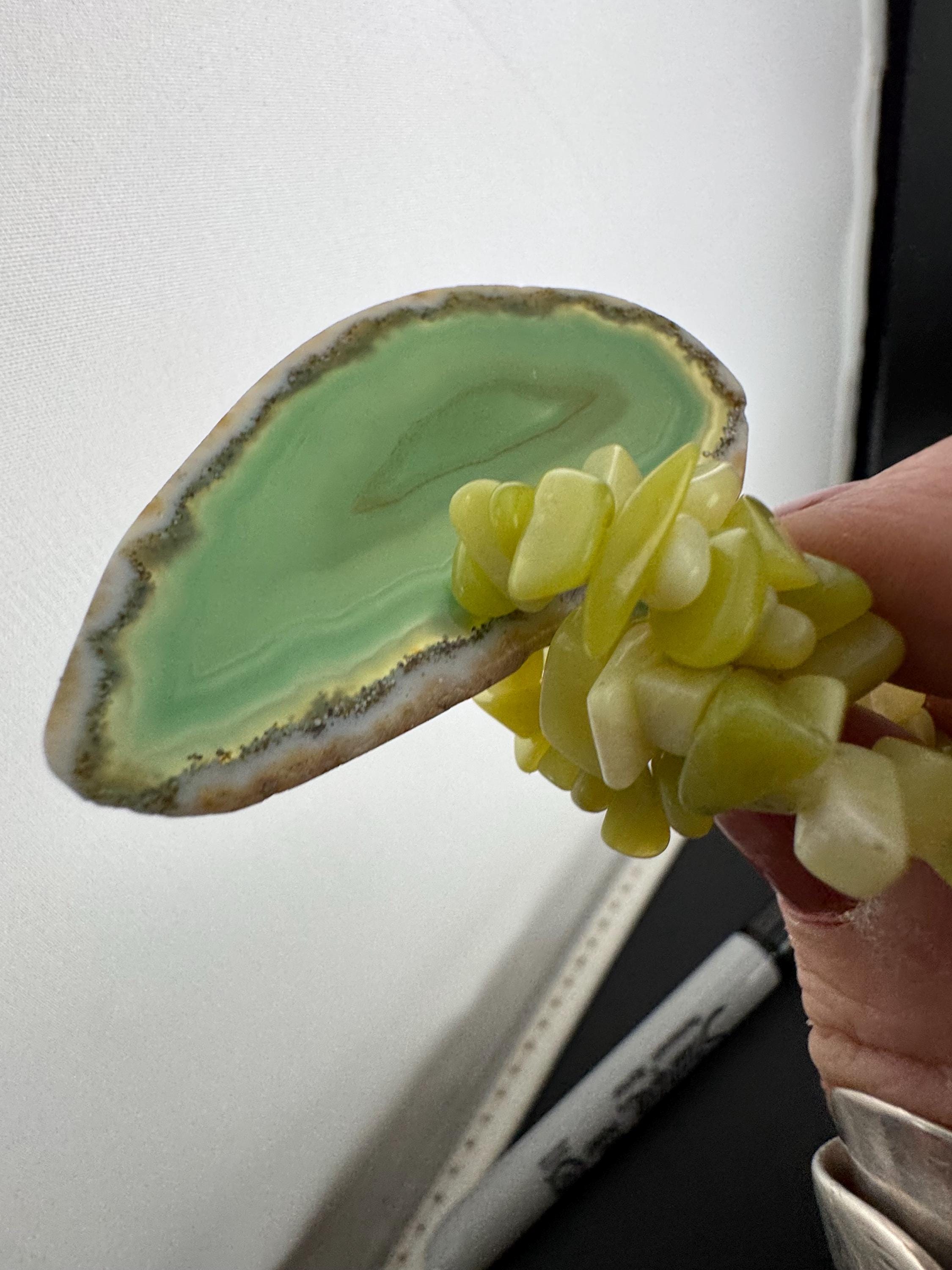 Green Agate slice long beaded gemstone Necklace: 925 Silver Clasp