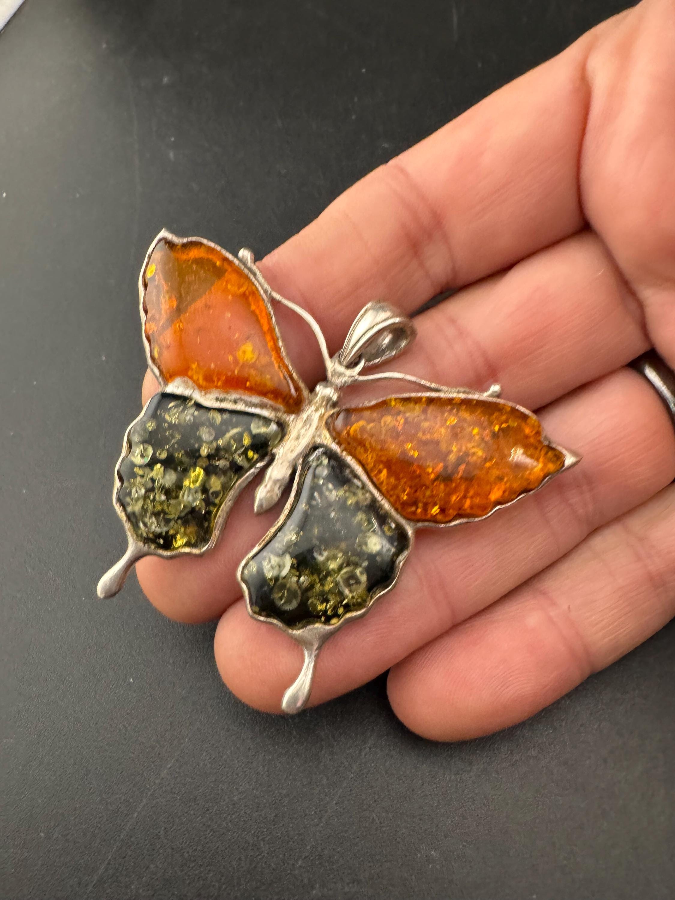 Large 6cm Amber butterfly Pendant, Sterling 925 Silver gemstone resin jewellery