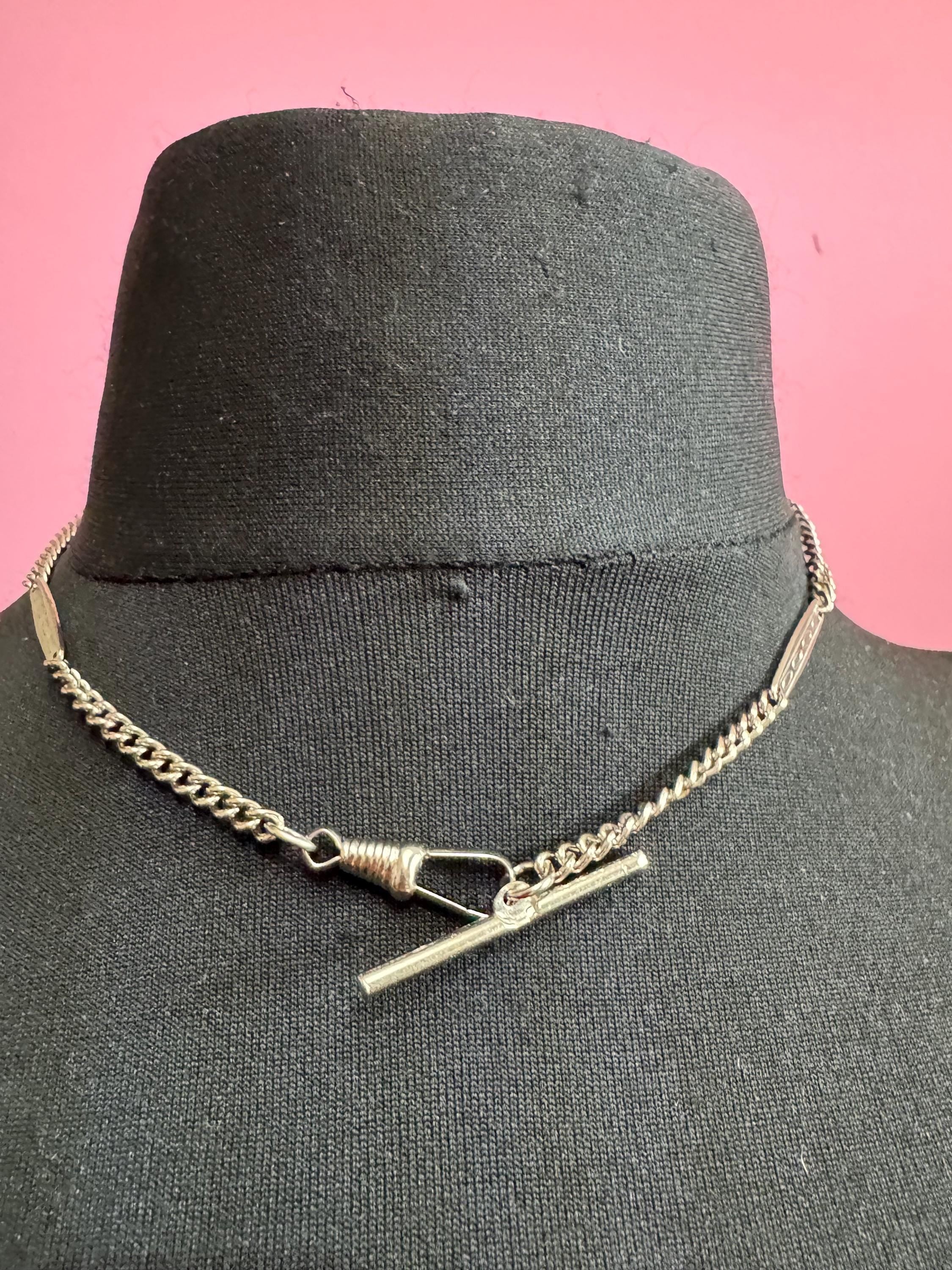 Art Deco Pocket Watch Chain T bar and necklace : Silver Metal machine age, 43.5cm