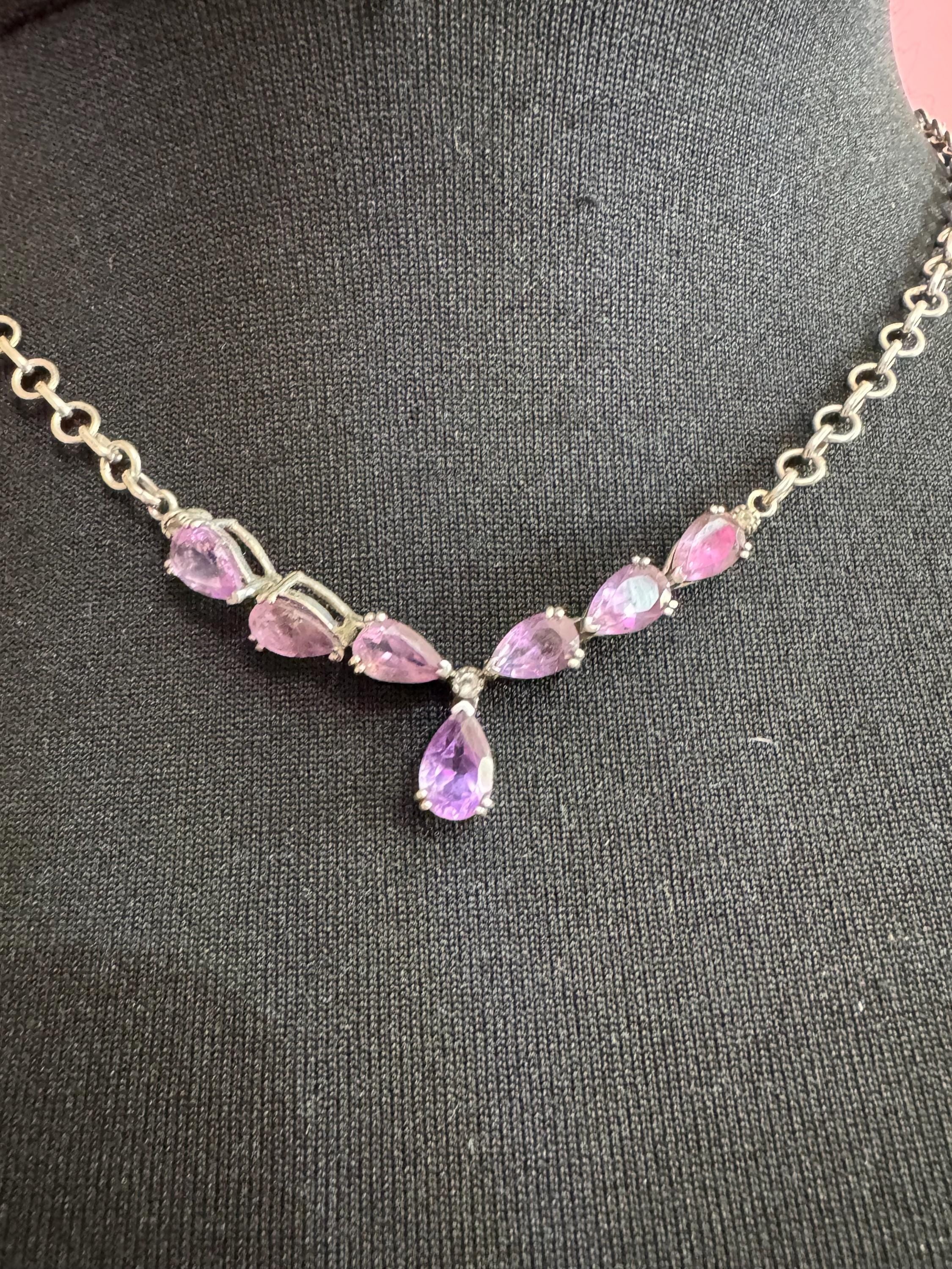 Vintage 925 art nouveau amethyst drop necklace, sterling silver