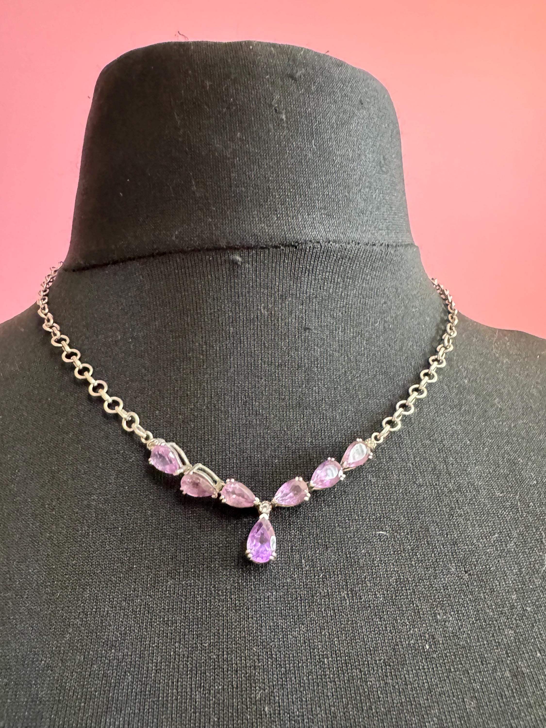 Vintage 925 art nouveau amethyst drop necklace, sterling silver