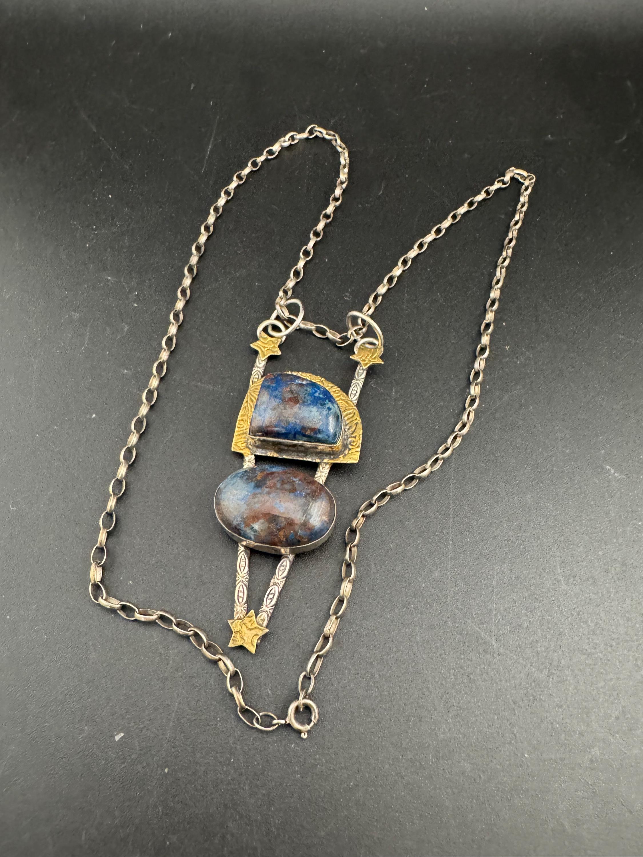 vintage blue brown gemstone artisan modernist pendant, 925 sterling silver 54cm chain