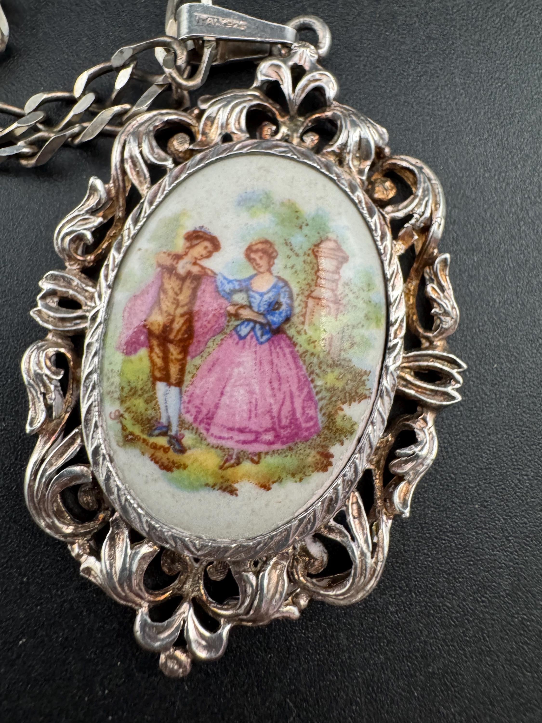 Vintage Limoges Porcelain Pendant Necklace, 925 Sterling Silver Chain