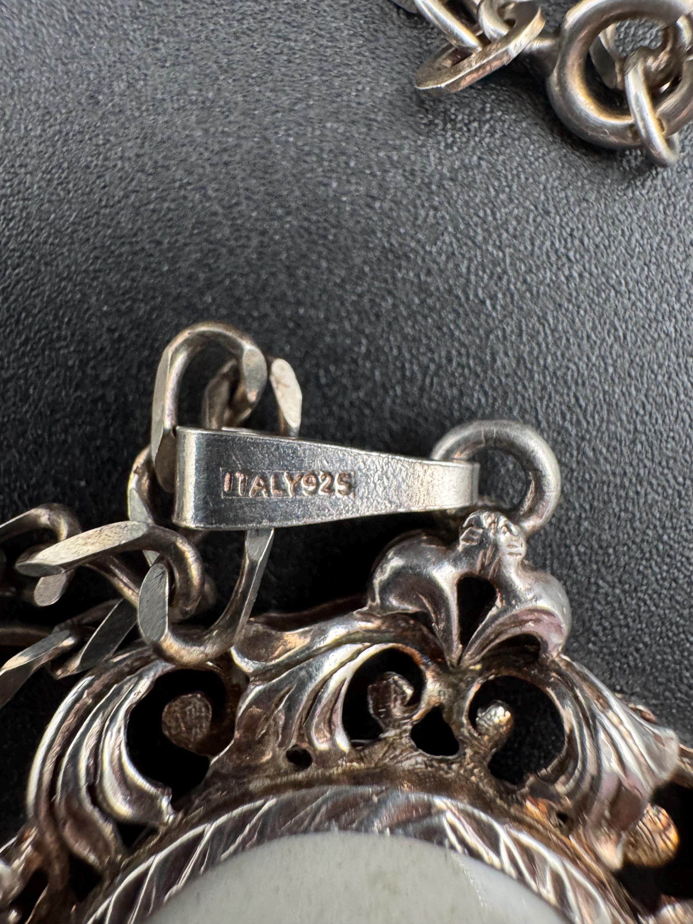 Vintage Limoges Porcelain Pendant Necklace, 925 Sterling Silver Chain