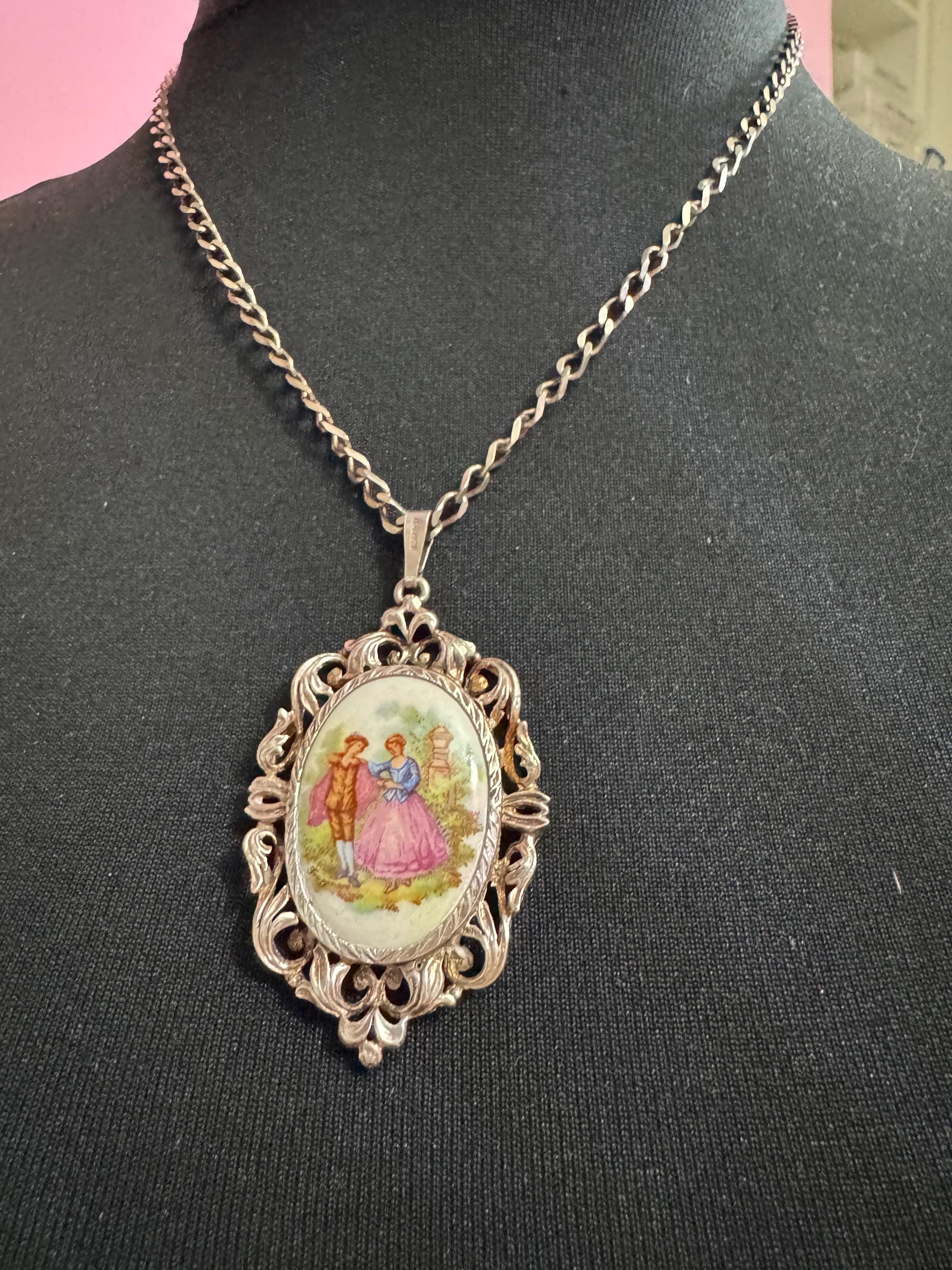 Vintage Limoges Porcelain Pendant Necklace, 925 Sterling Silver Chain