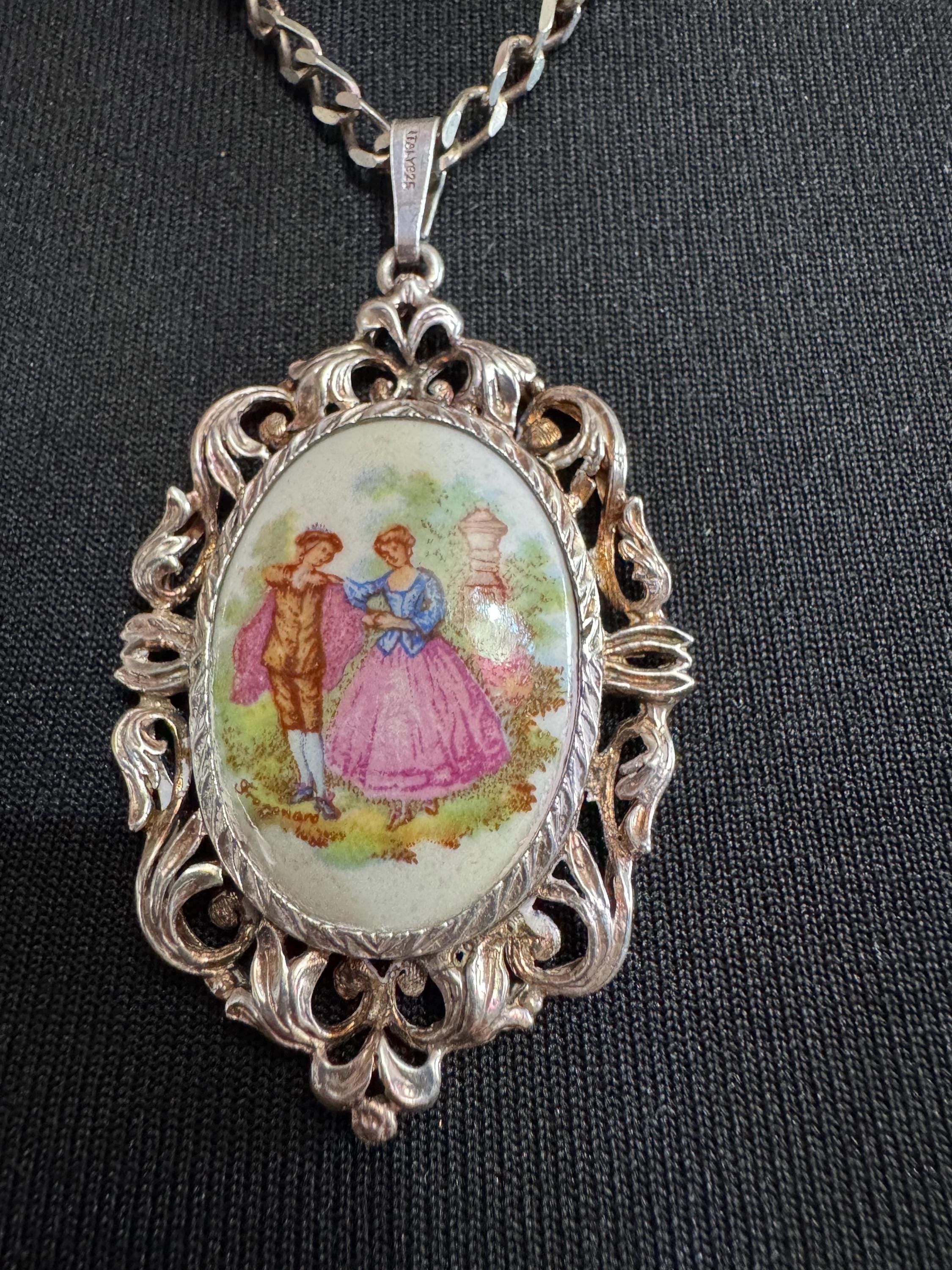 Vintage Limoges Porcelain Pendant Necklace, 925 Sterling Silver Chain