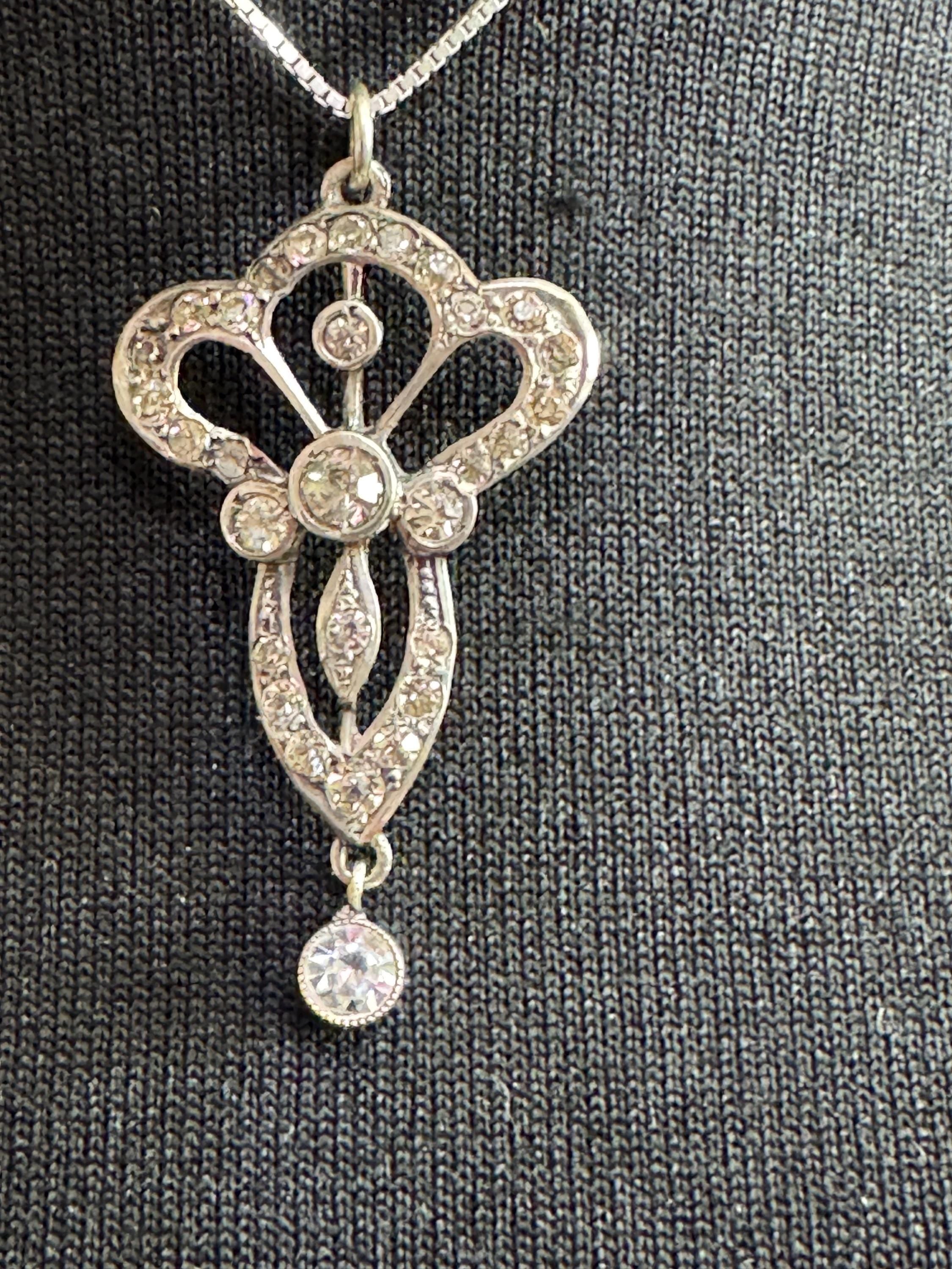 Antique art nouveau sterling paste drop pendant necklace, later 925 silver chain