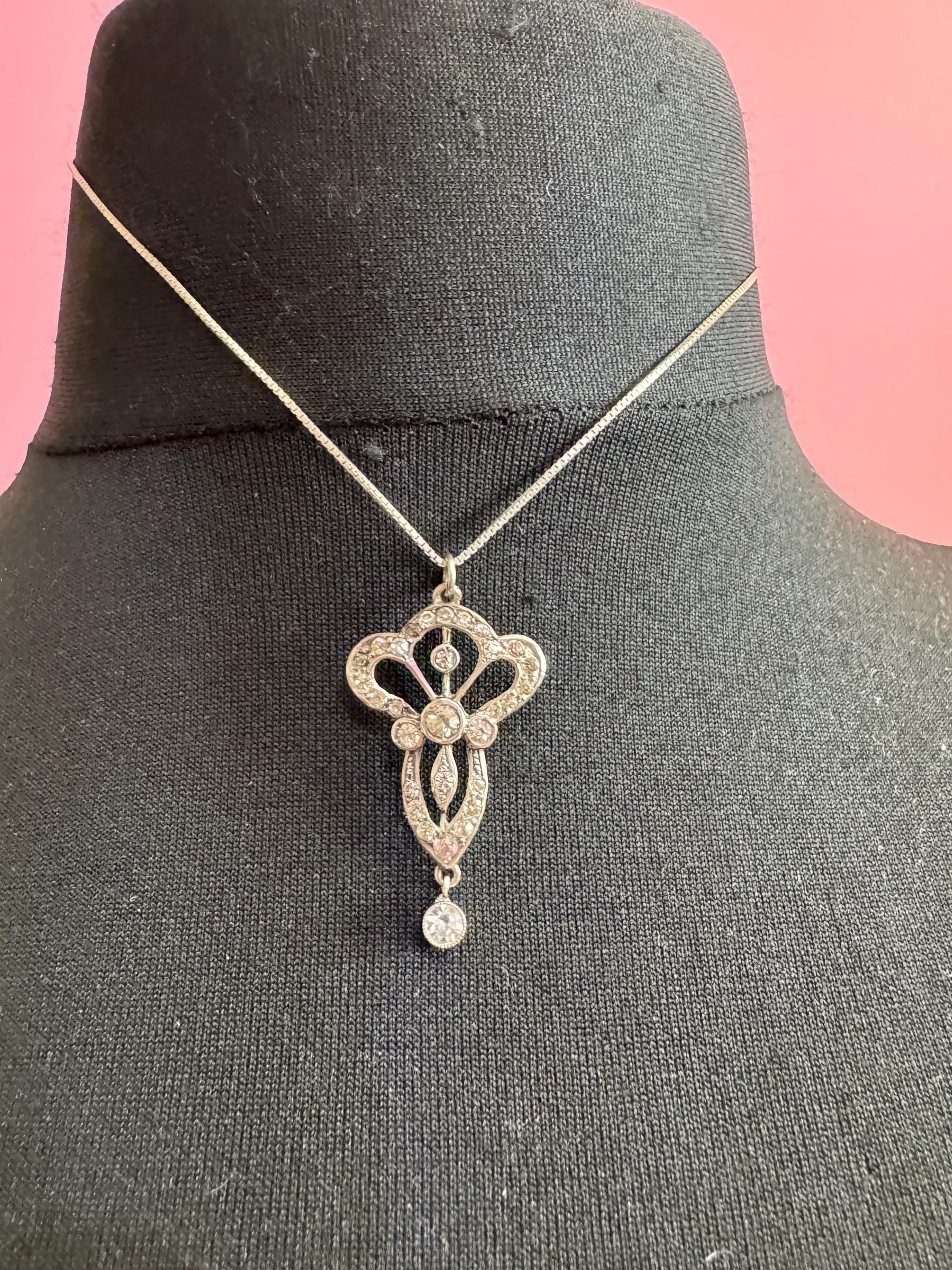 Antique art nouveau sterling paste drop pendant necklace, later 925 silver chain