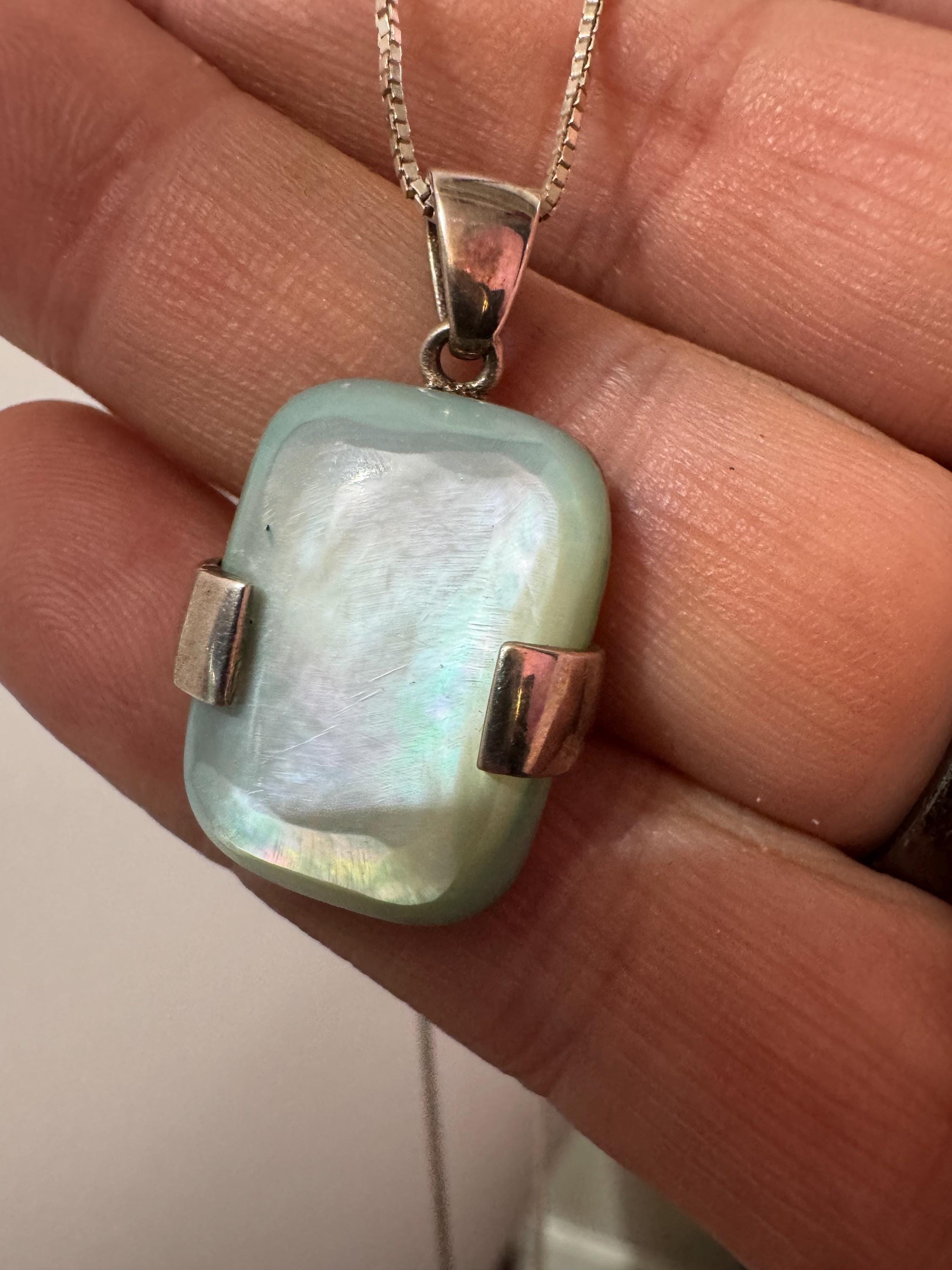 Vintage 925 blue mother of pearl shell Pendant Necklace: modernist Sterling Silver