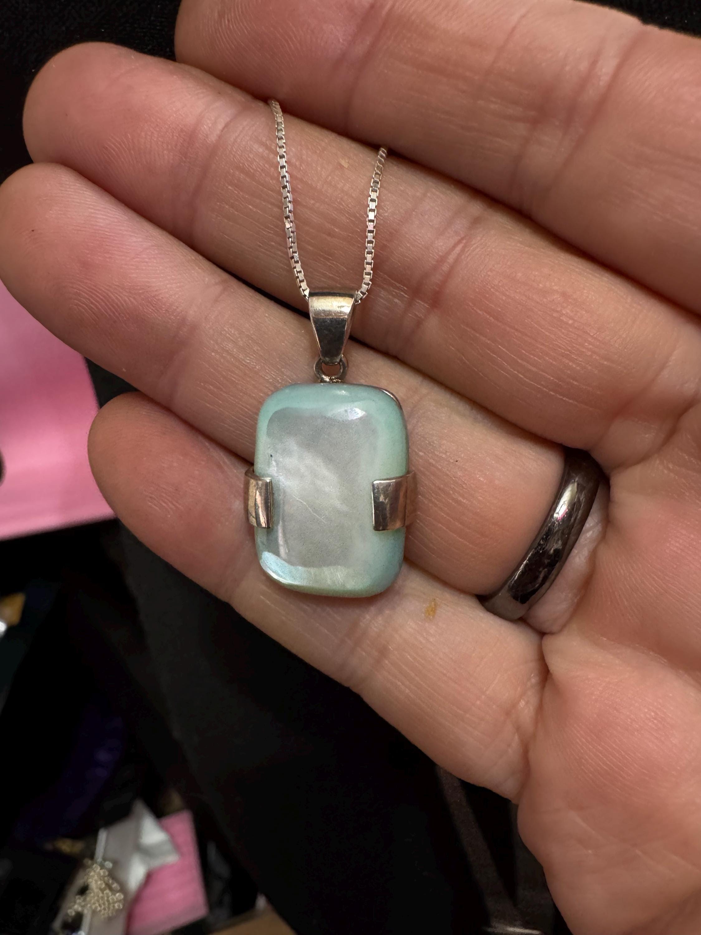 Vintage 925 blue mother of pearl shell Pendant Necklace: modernist Sterling Silver