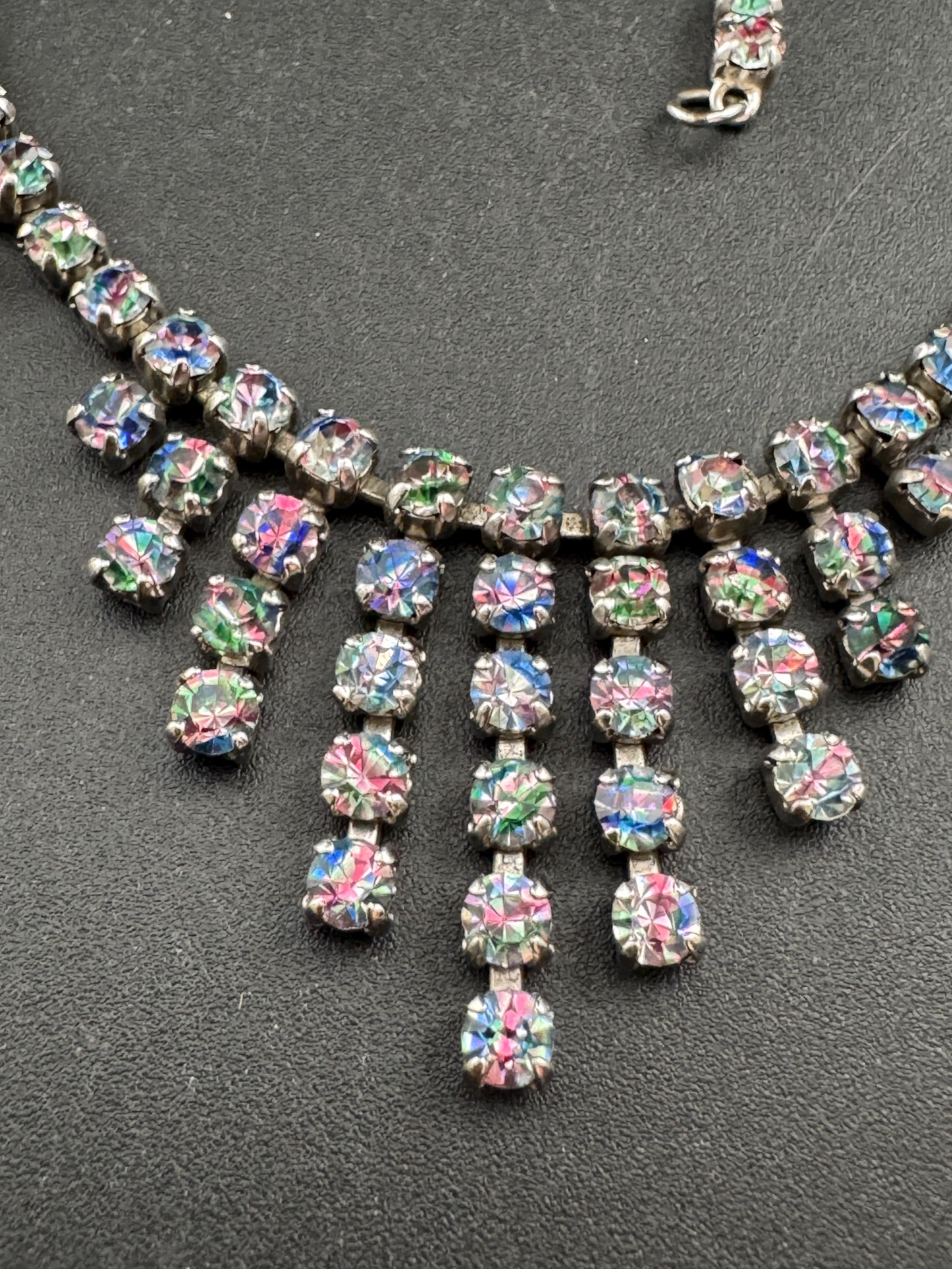 Iris glass diamanté crystal drop necklace, rainbow rhinestones, vintage 41cm