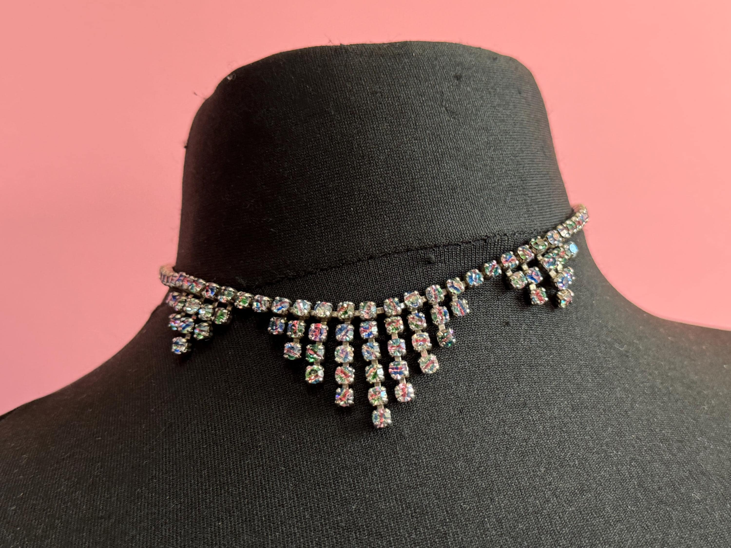 Iris glass diamanté crystal drop necklace, rainbow rhinestones, vintage 41cm