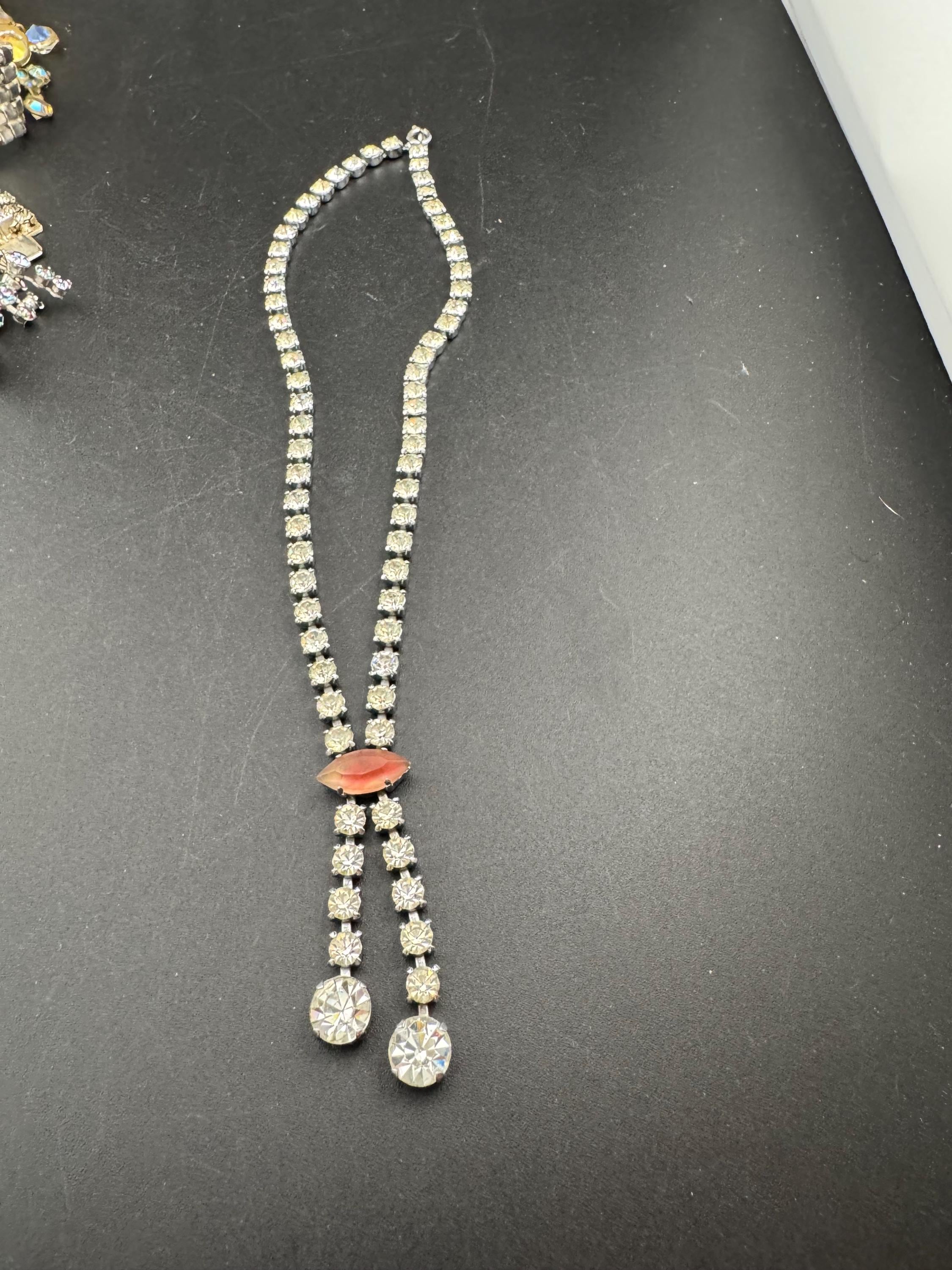 vintage clear diamanté rhinestone crystal drop necklace with an orange pink stone