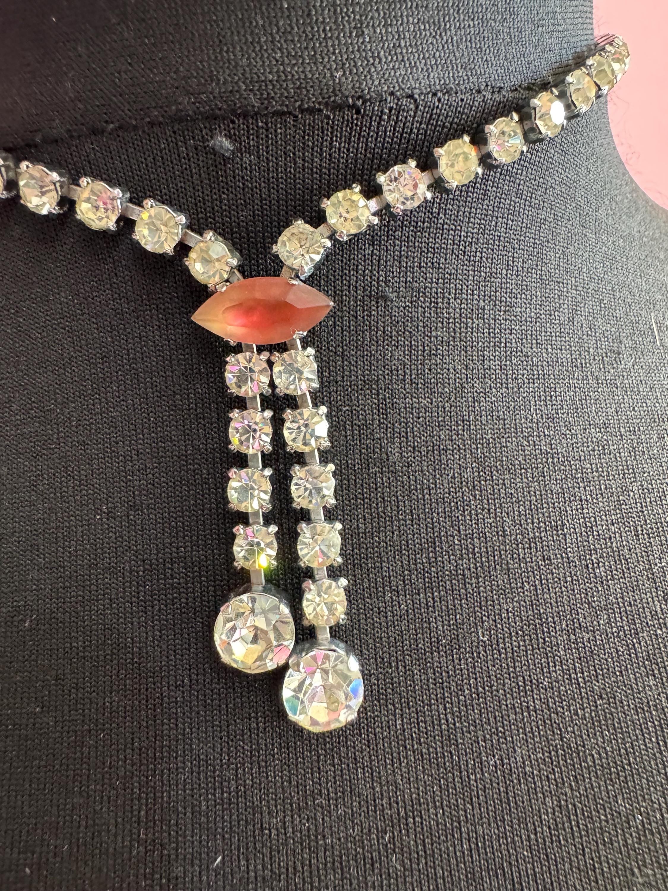 vintage clear diamanté rhinestone crystal drop necklace with an orange pink stone