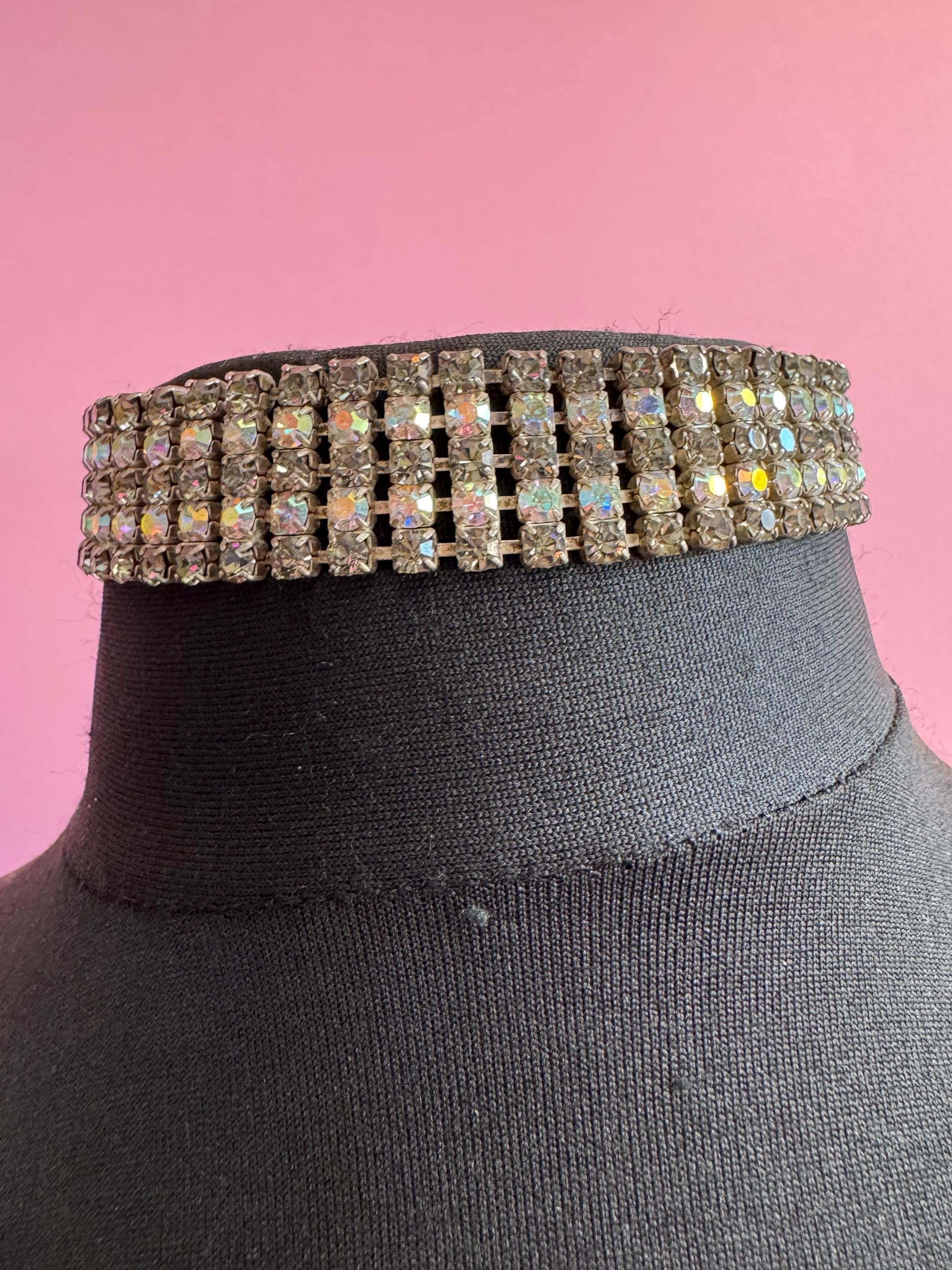Very petite 36cm Vintage wide grey AB diamanté rhinestone crystal choker necklace