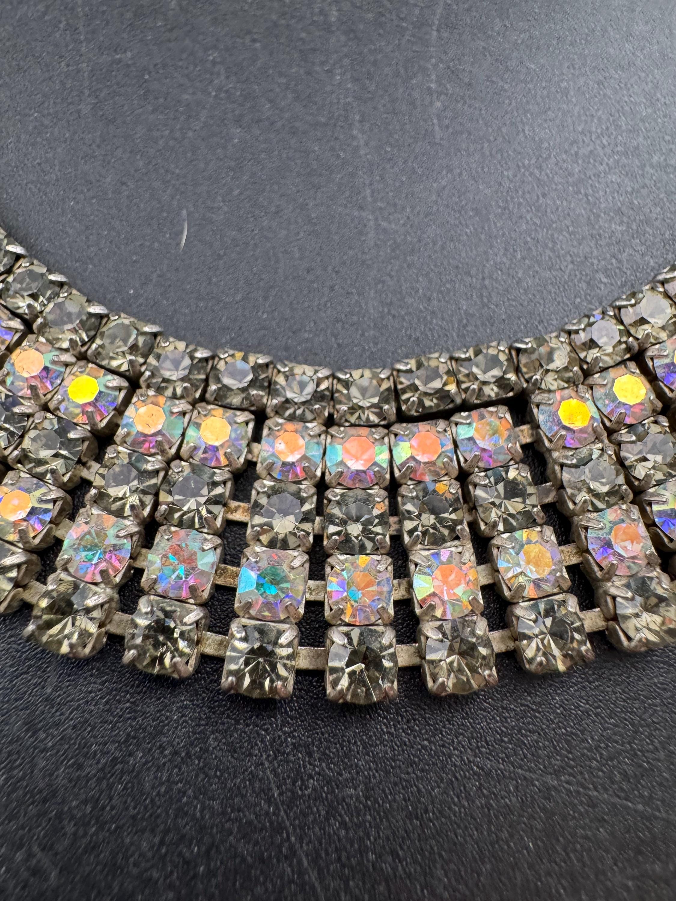Very petite 36cm Vintage wide grey AB diamanté rhinestone crystal choker necklace
